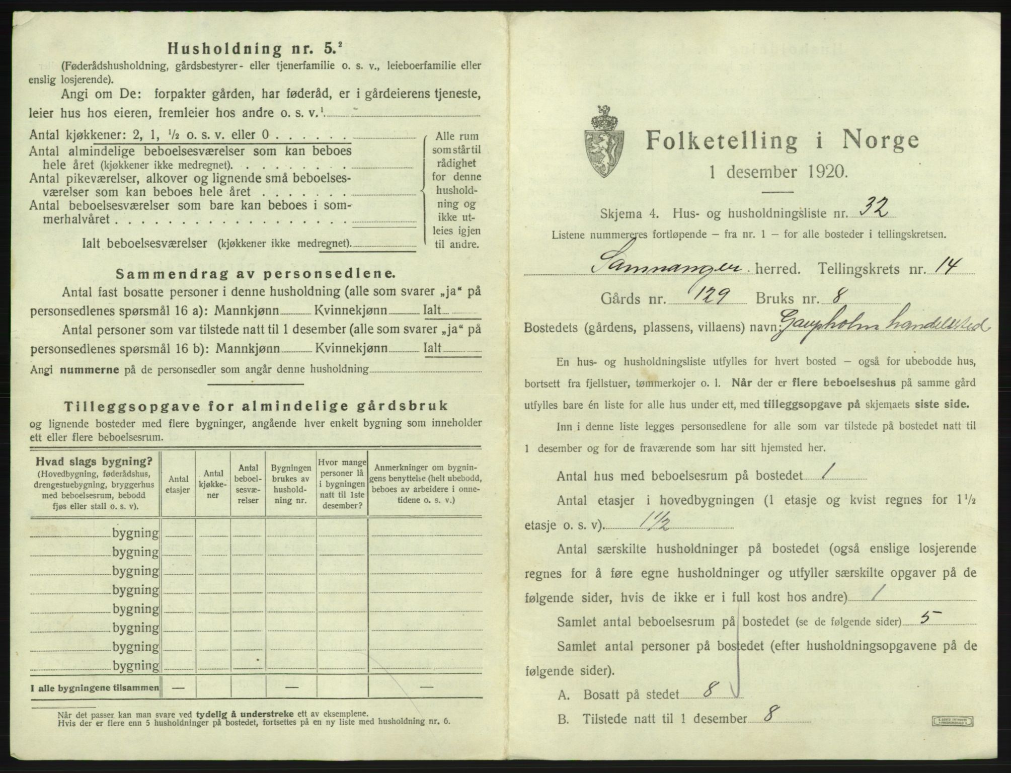 SAB, 1920 census for Samnanger, 1920, p. 843