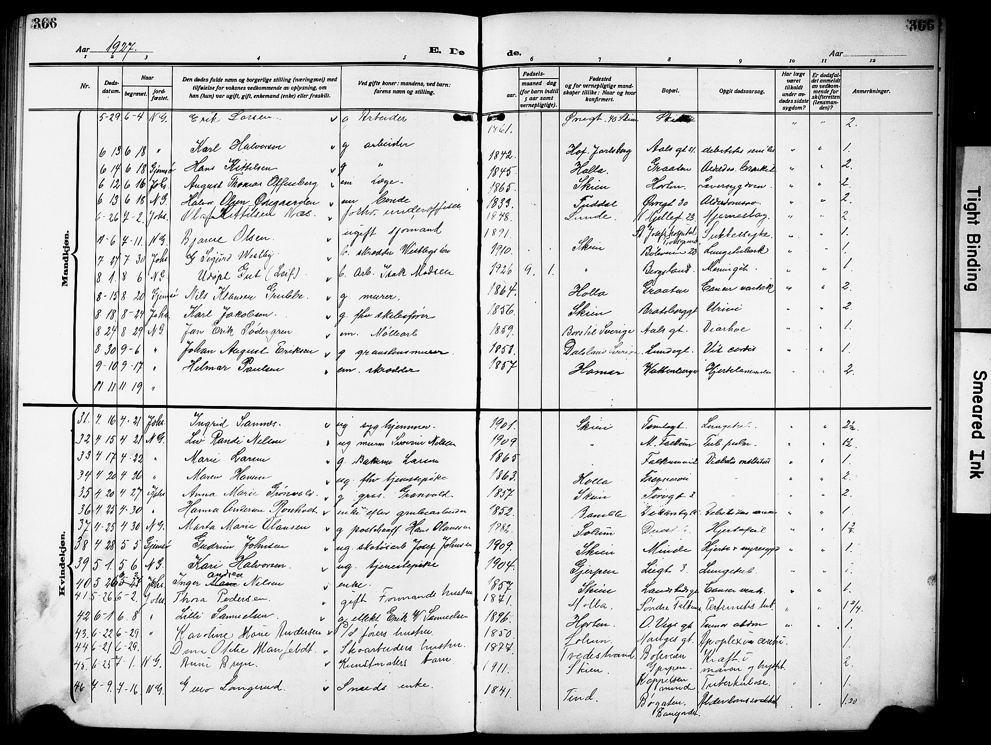 Skien kirkebøker, SAKO/A-302/G/Ga/L0010: Parish register (copy) no. 10, 1920-1931, p. 366