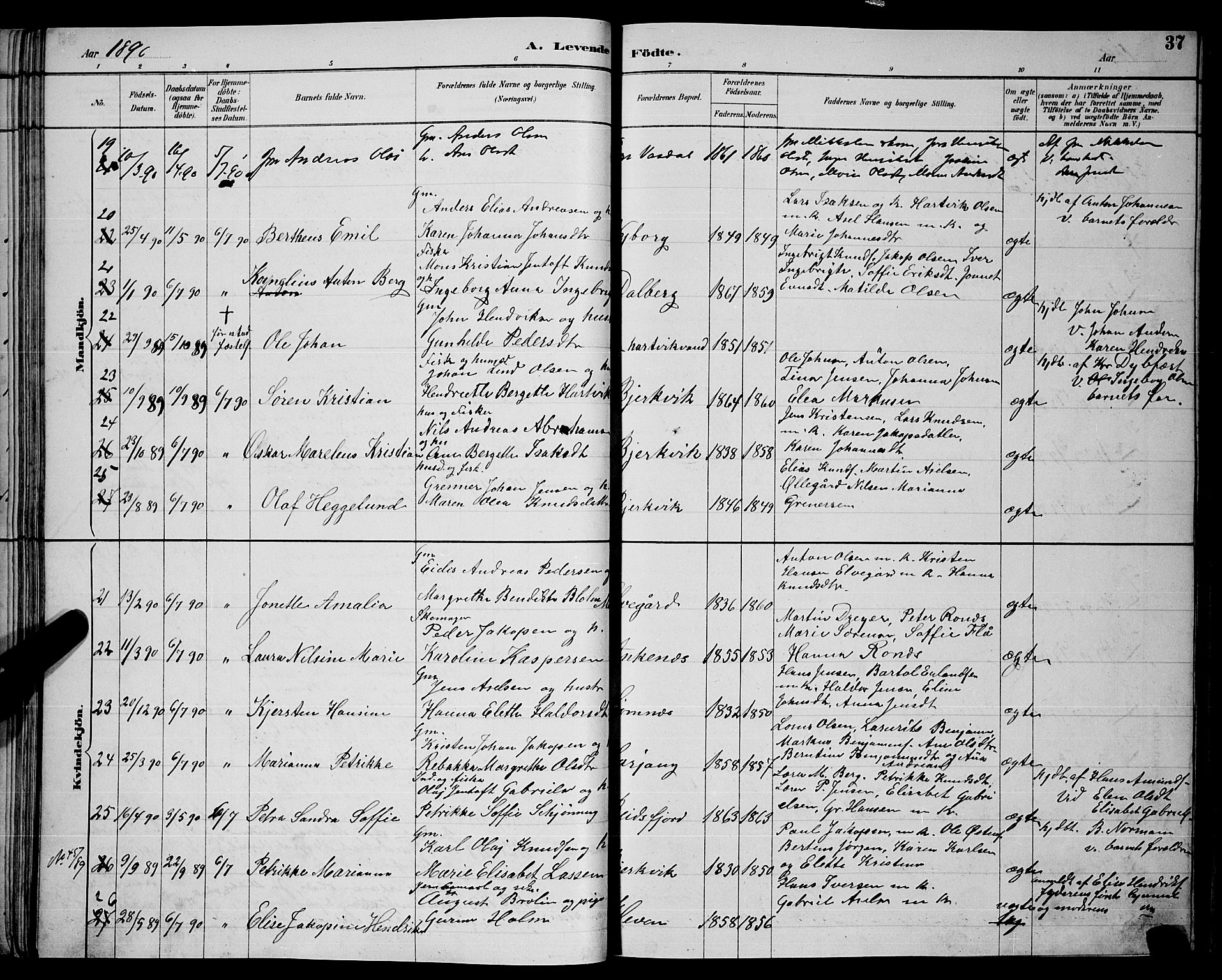 Ministerialprotokoller, klokkerbøker og fødselsregistre - Nordland, AV/SAT-A-1459/866/L0952: Parish register (copy) no. 866C01, 1886-1899, p. 37