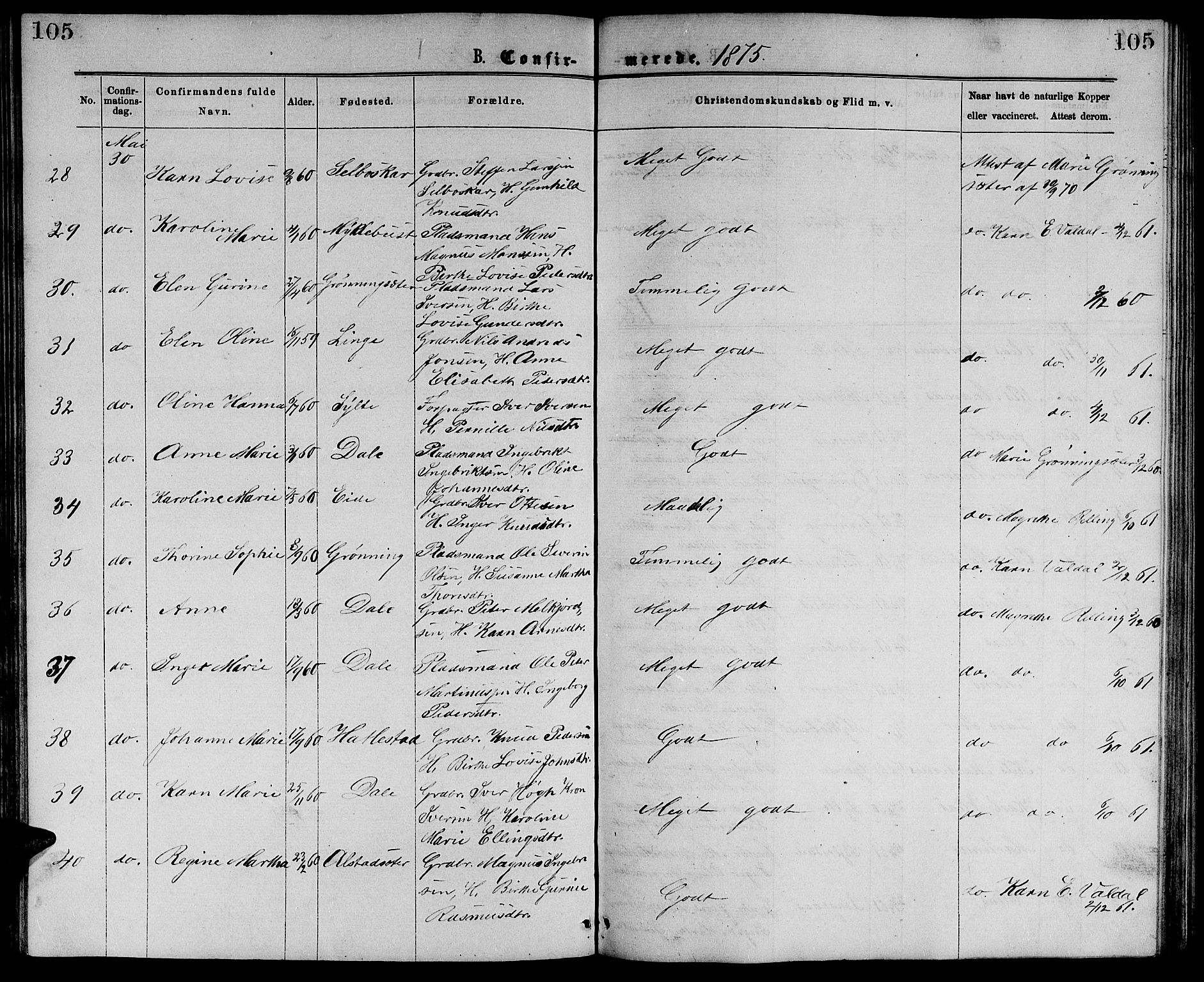 Ministerialprotokoller, klokkerbøker og fødselsregistre - Møre og Romsdal, AV/SAT-A-1454/519/L0262: Parish register (copy) no. 519C03, 1866-1884, p. 105