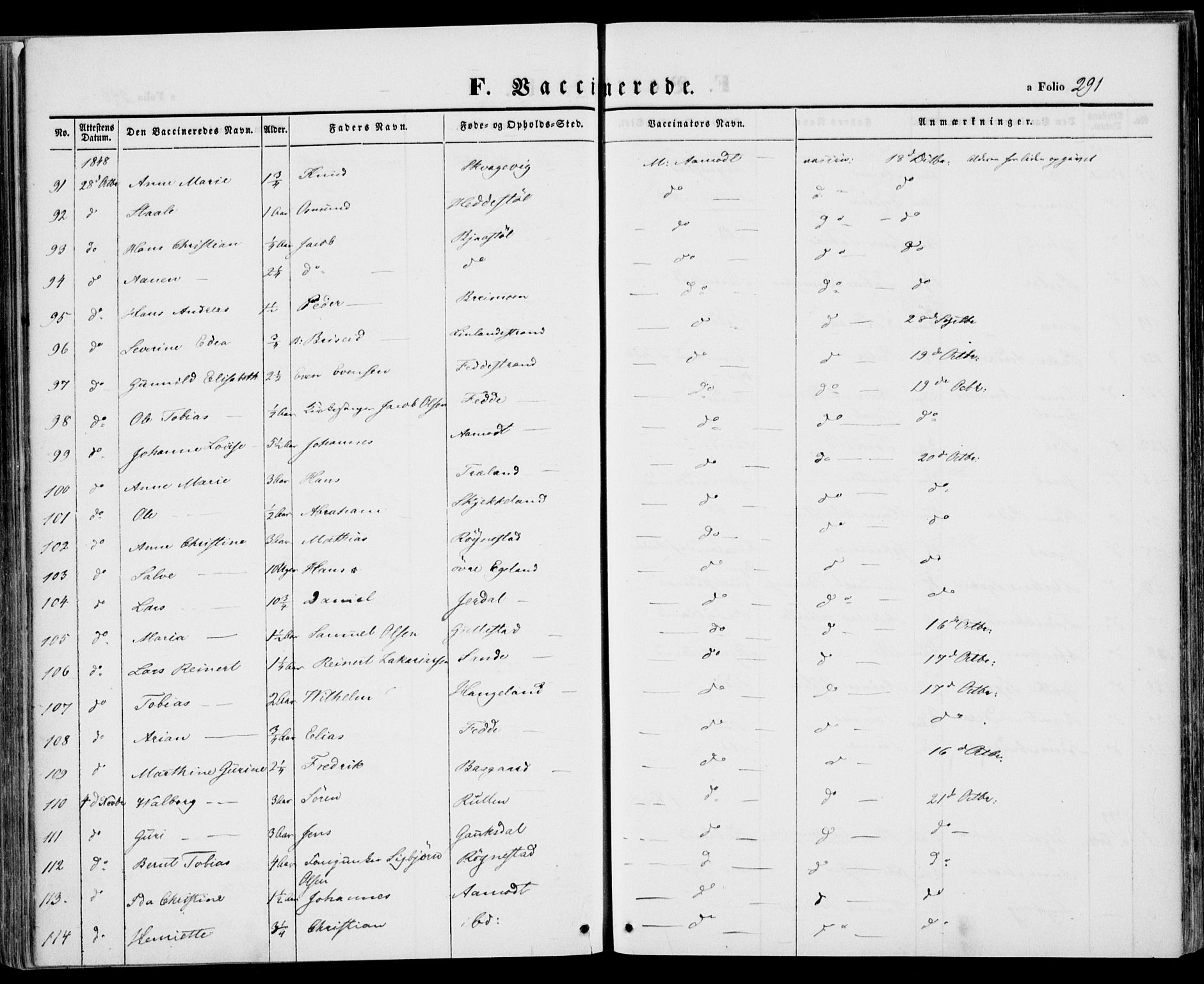 Kvinesdal sokneprestkontor, AV/SAK-1111-0026/F/Fa/Fab/L0005: Parish register (official) no. A 5, 1844-1857, p. 291