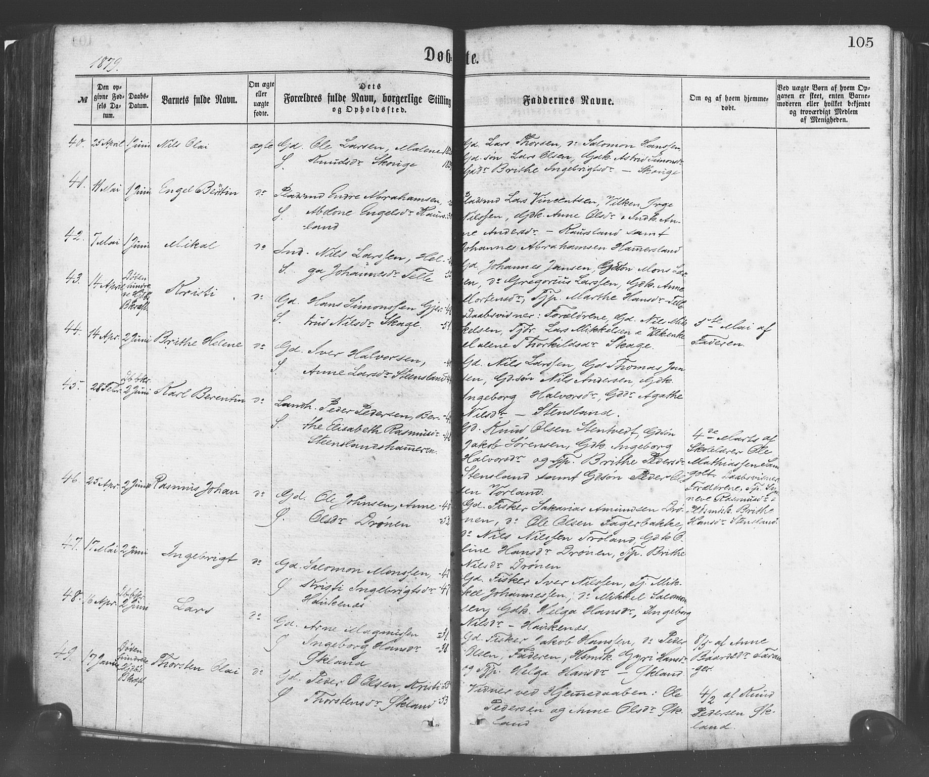 Sund sokneprestembete, AV/SAB-A-99930: Parish register (official) no. A 15, 1867-1881, p. 105