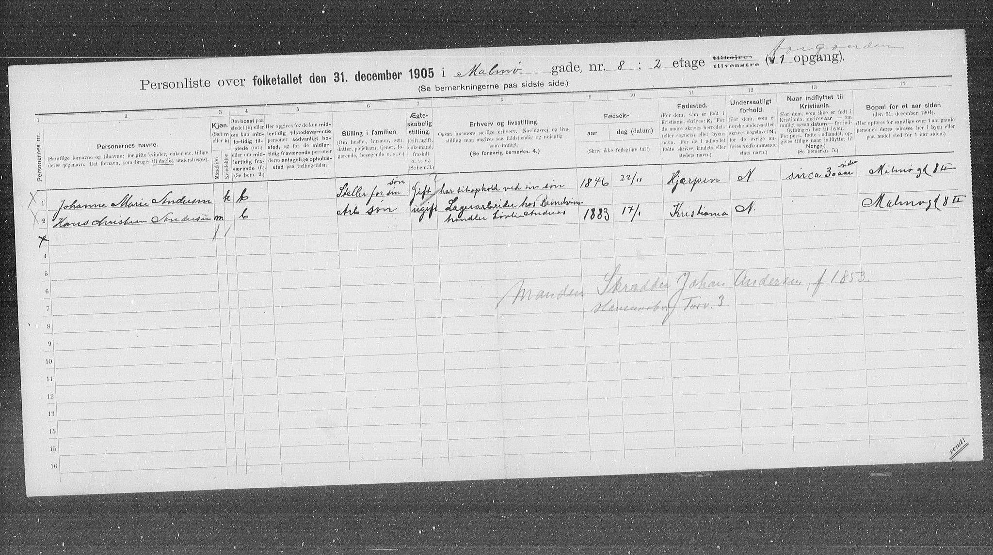 OBA, Municipal Census 1905 for Kristiania, 1905, p. 31496