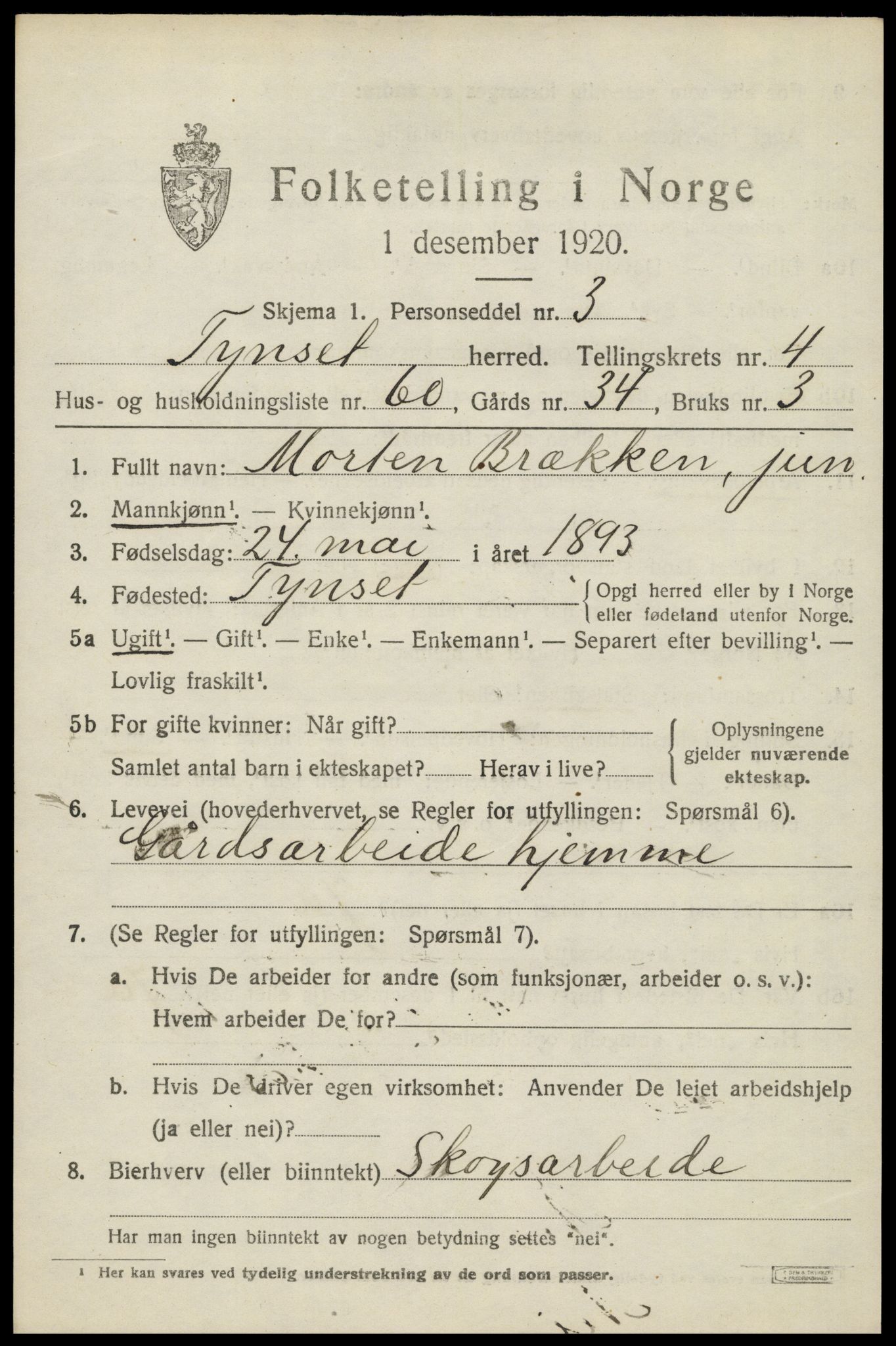 SAH, 1920 census for Tynset, 1920, p. 3962