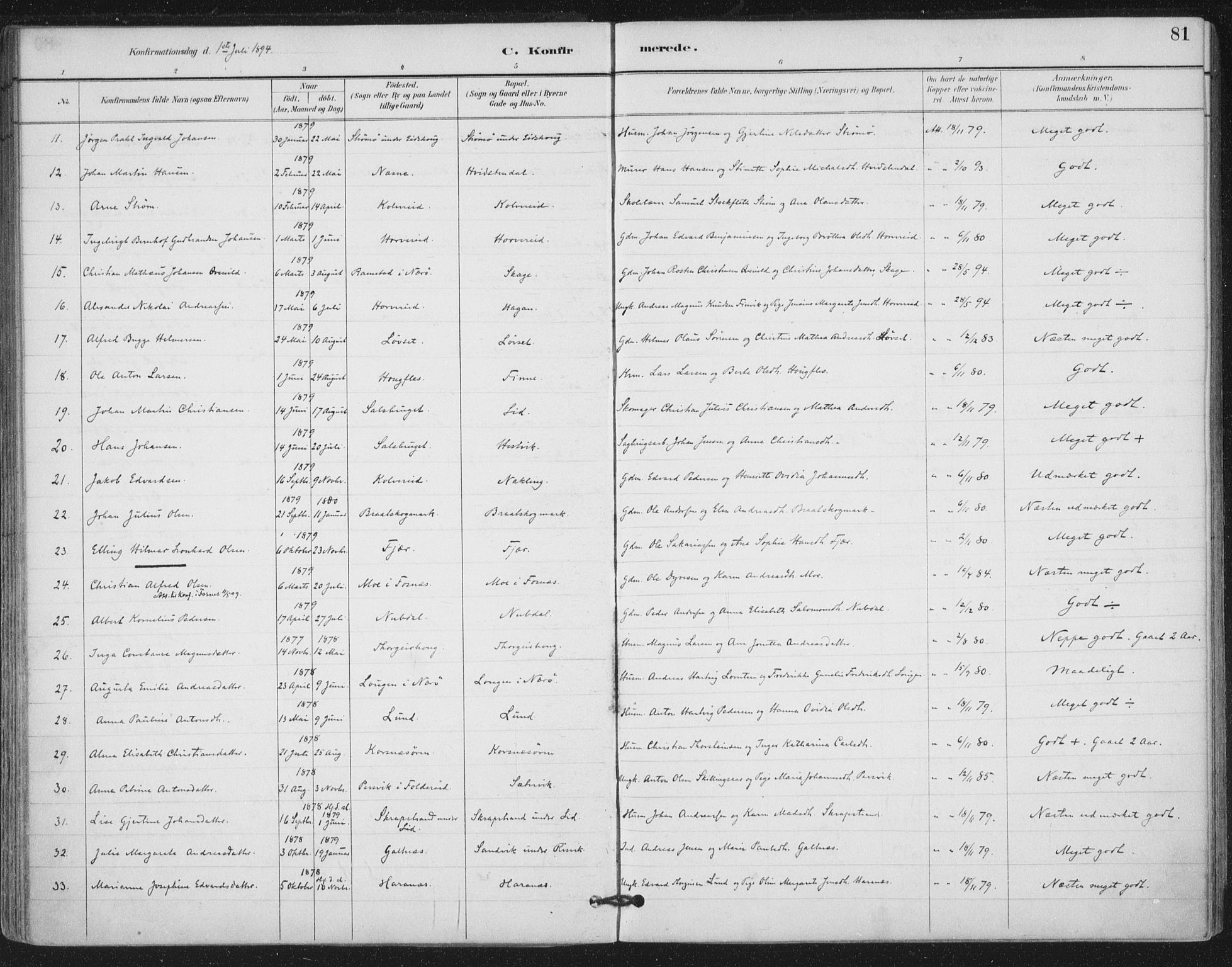 Ministerialprotokoller, klokkerbøker og fødselsregistre - Nord-Trøndelag, AV/SAT-A-1458/780/L0644: Parish register (official) no. 780A08, 1886-1903, p. 81