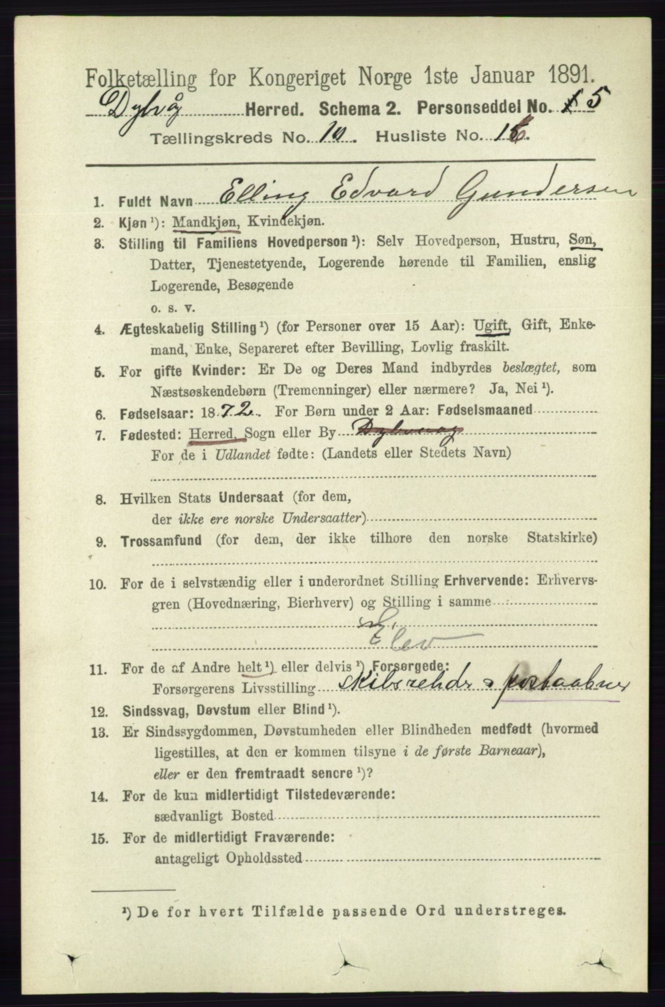 RA, 1891 census for 0915 Dypvåg, 1891, p. 3801