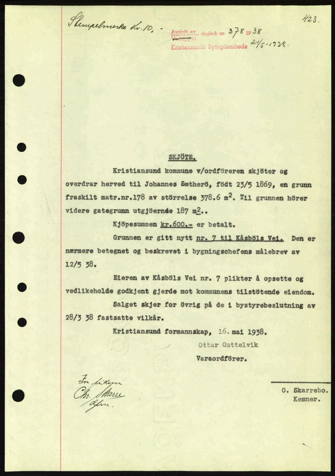 Kristiansund byfogd, AV/SAT-A-4587/A/27: Mortgage book no. 30, 1936-1941, Diary no: : 378/1938
