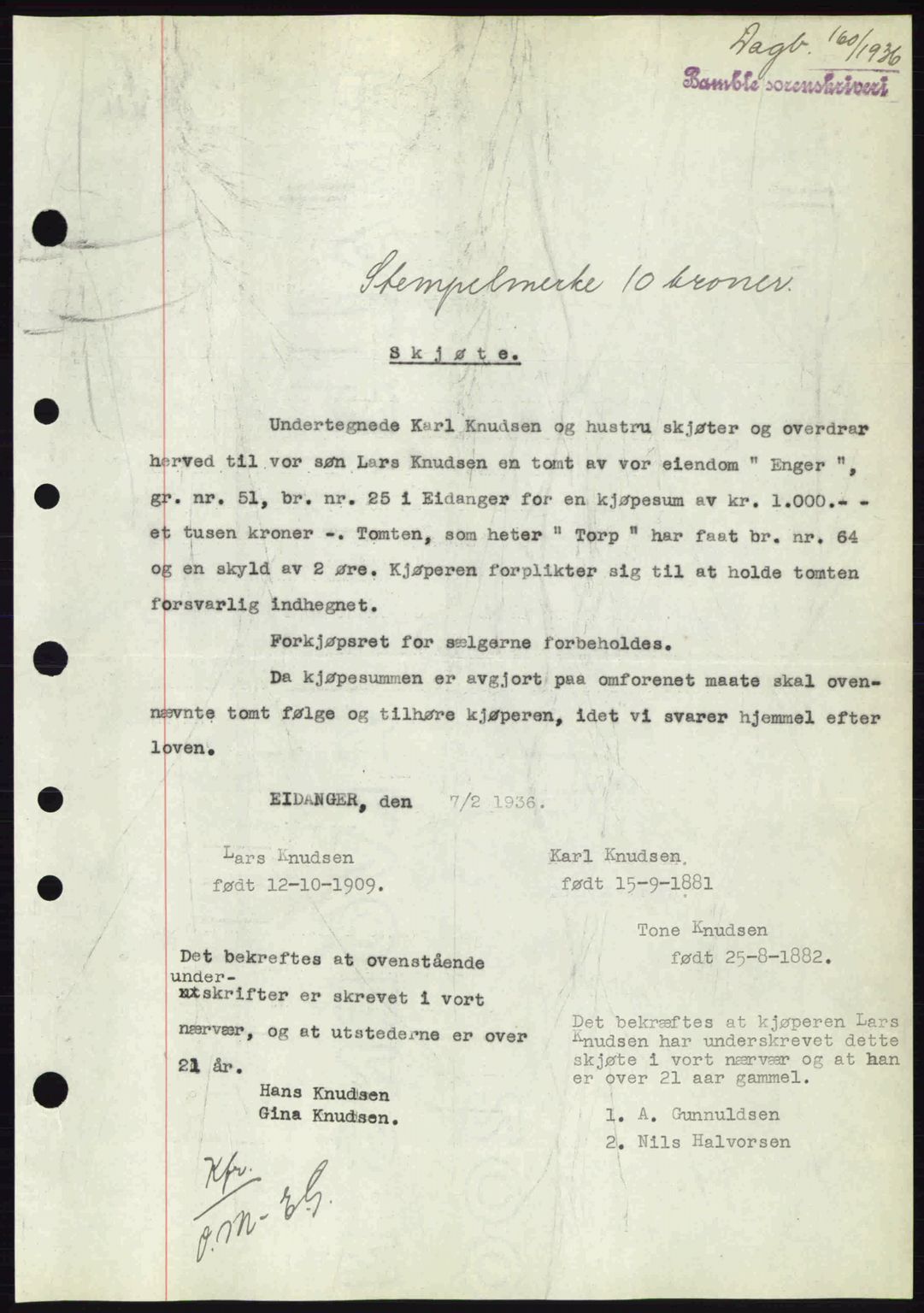 Bamble sorenskriveri, AV/SAKO-A-214/G/Ga/Gag/L0001: Mortgage book no. A-1, 1936-1937, Diary no: : 160/1936