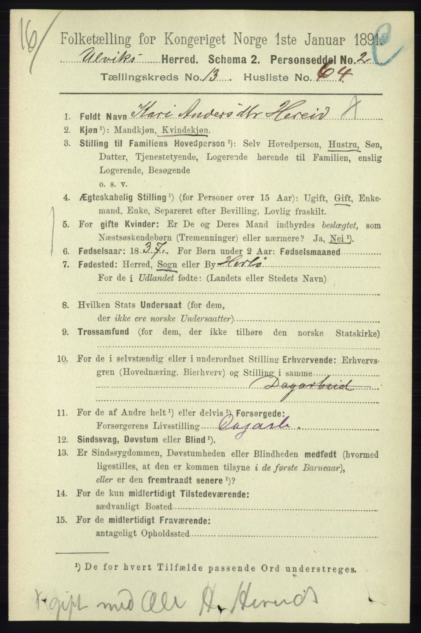 RA, 1891 census for 1233 Ulvik, 1891, p. 4199