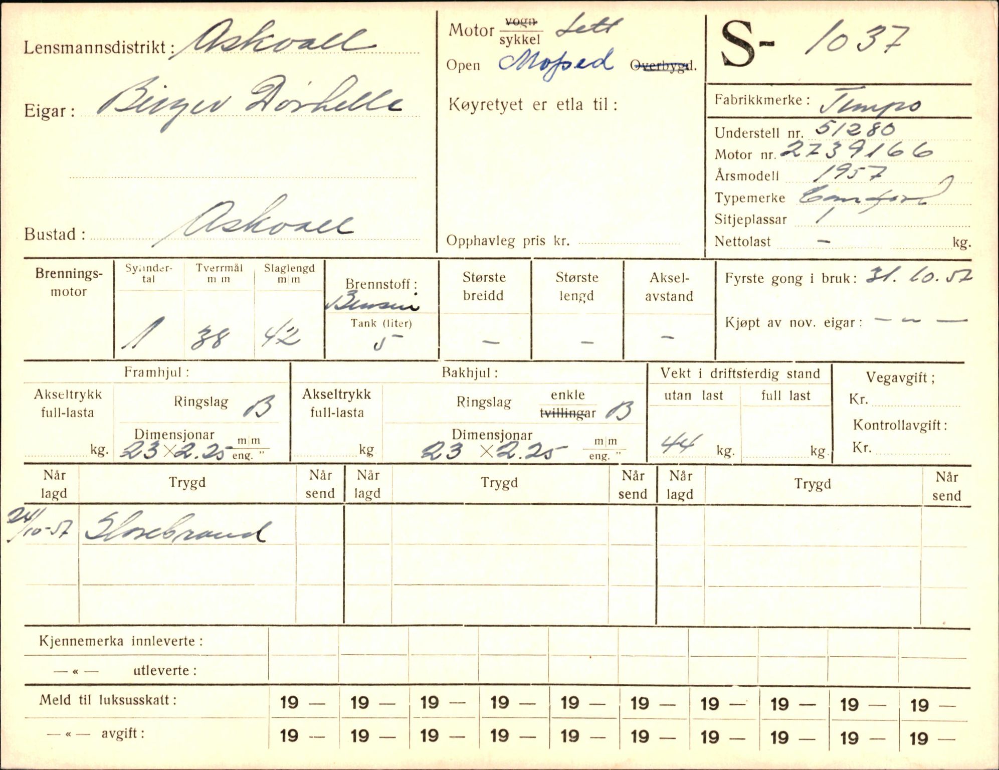 Statens vegvesen, Sogn og Fjordane vegkontor, AV/SAB-A-5301/4/F/L0003: Registerkort utmeldte Fjordane S1000-2499, 1930-1961, p. 64