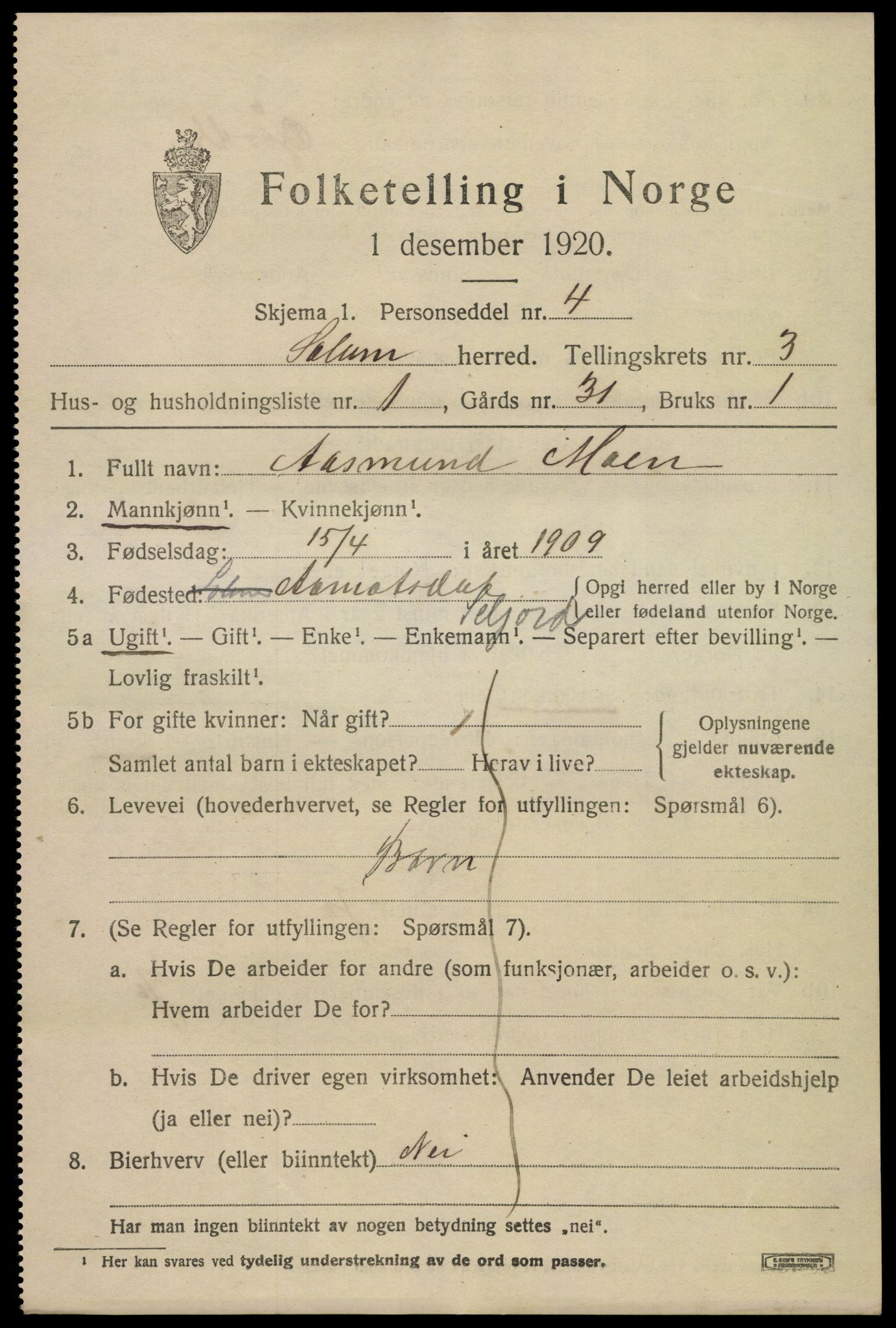 SAKO, 1920 census for Solum, 1920, p. 7684