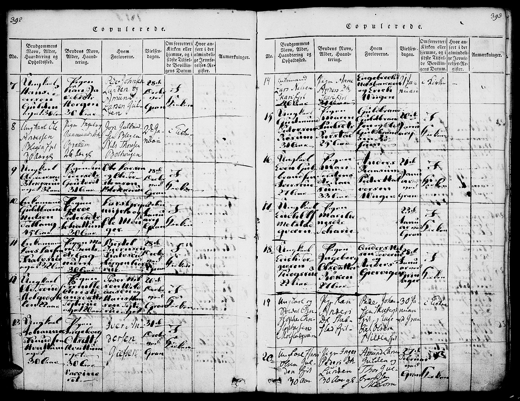 Gran prestekontor, SAH/PREST-112/H/Ha/Haa/L0009: Parish register (official) no. 9, 1815-1824, p. 392-393