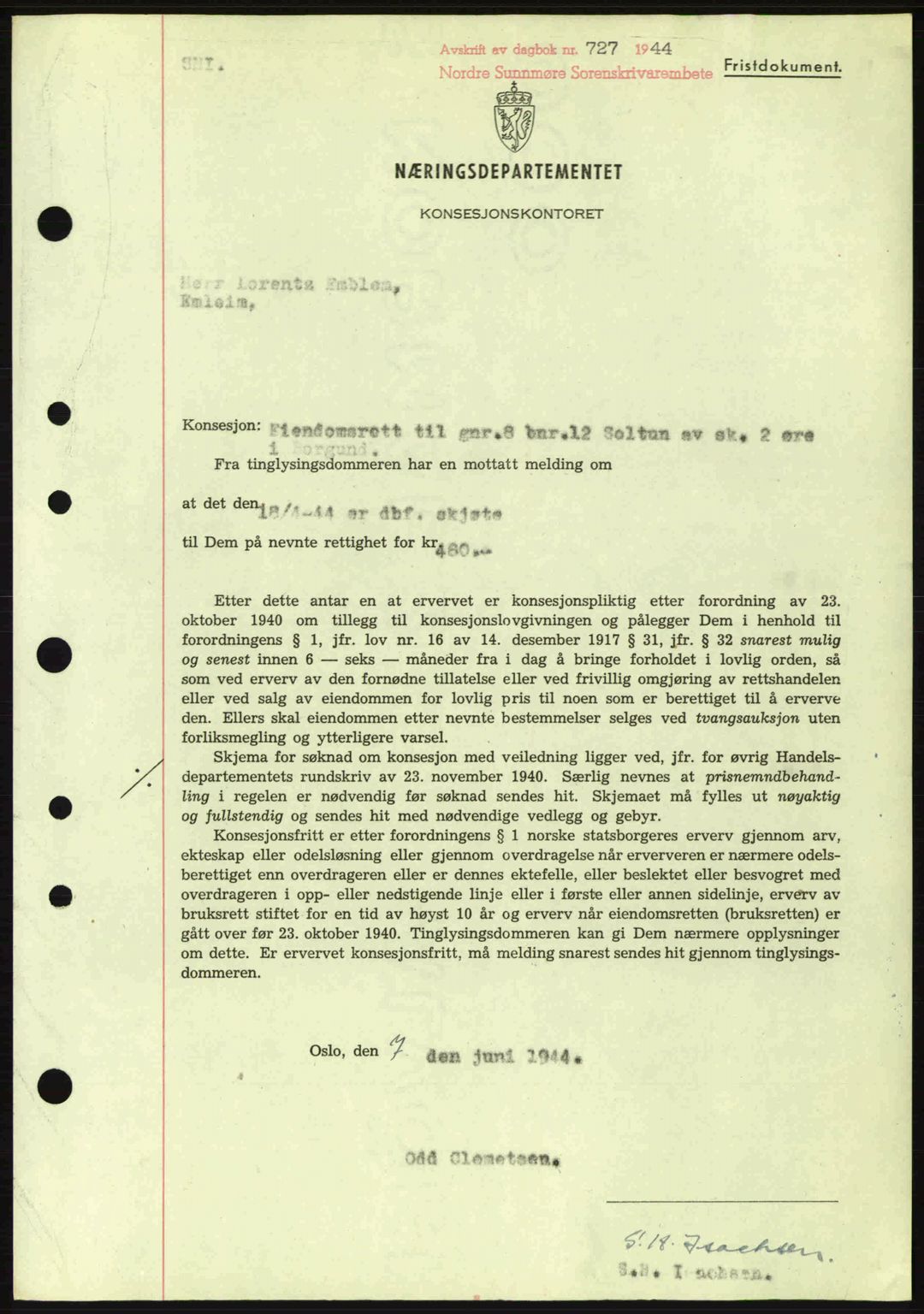 Nordre Sunnmøre sorenskriveri, SAT/A-0006/1/2/2C/2Ca: Mortgage book no. B6-14 a, 1942-1945, Diary no: : 727/1944
