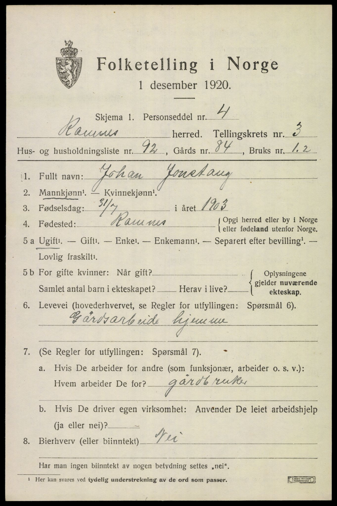 SAKO, 1920 census for Ramnes, 1920, p. 4306