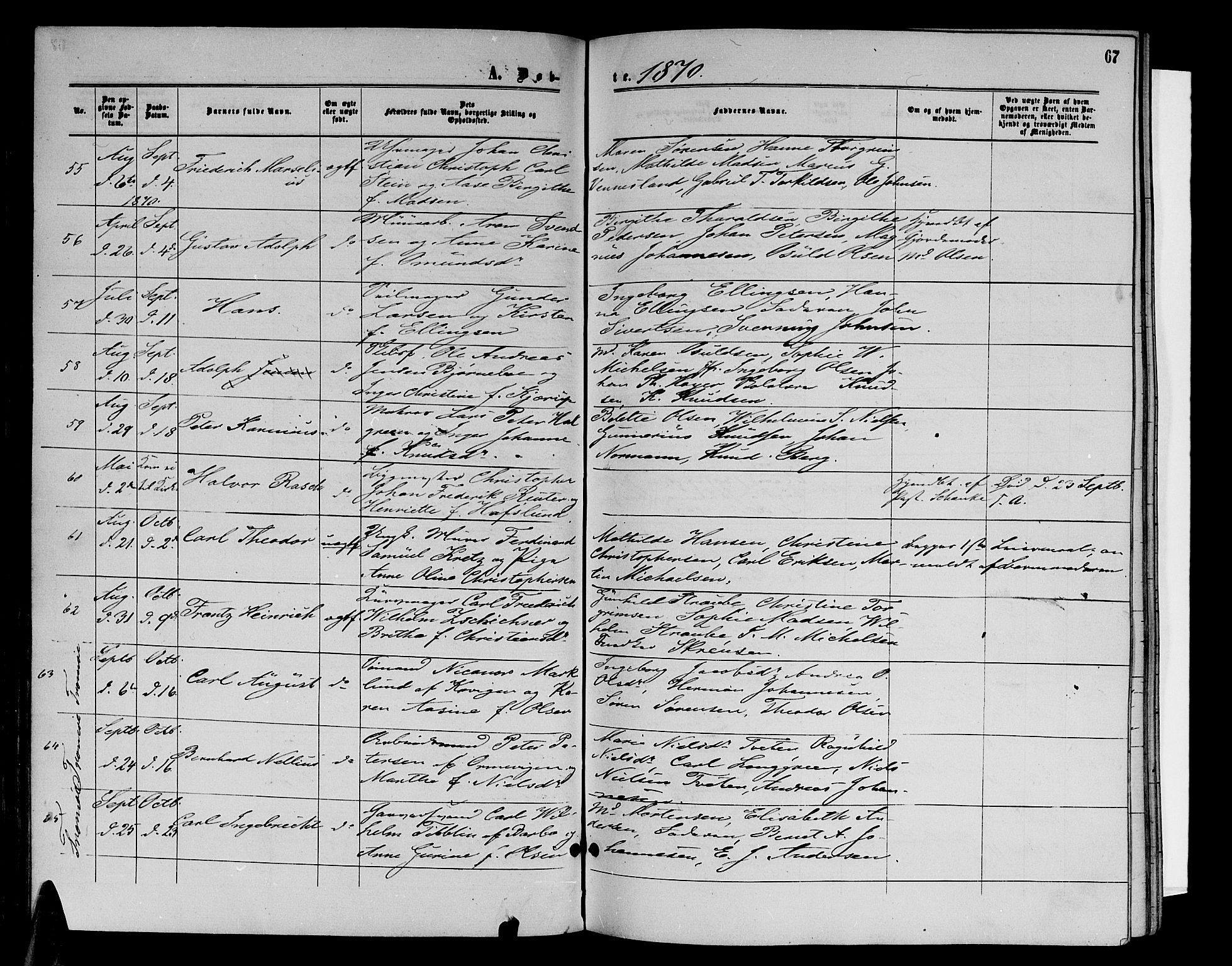 Arendal sokneprestkontor, Trefoldighet, SAK/1111-0040/F/Fb/L0004: Parish register (copy) no. B 4, 1861-1873, p. 67