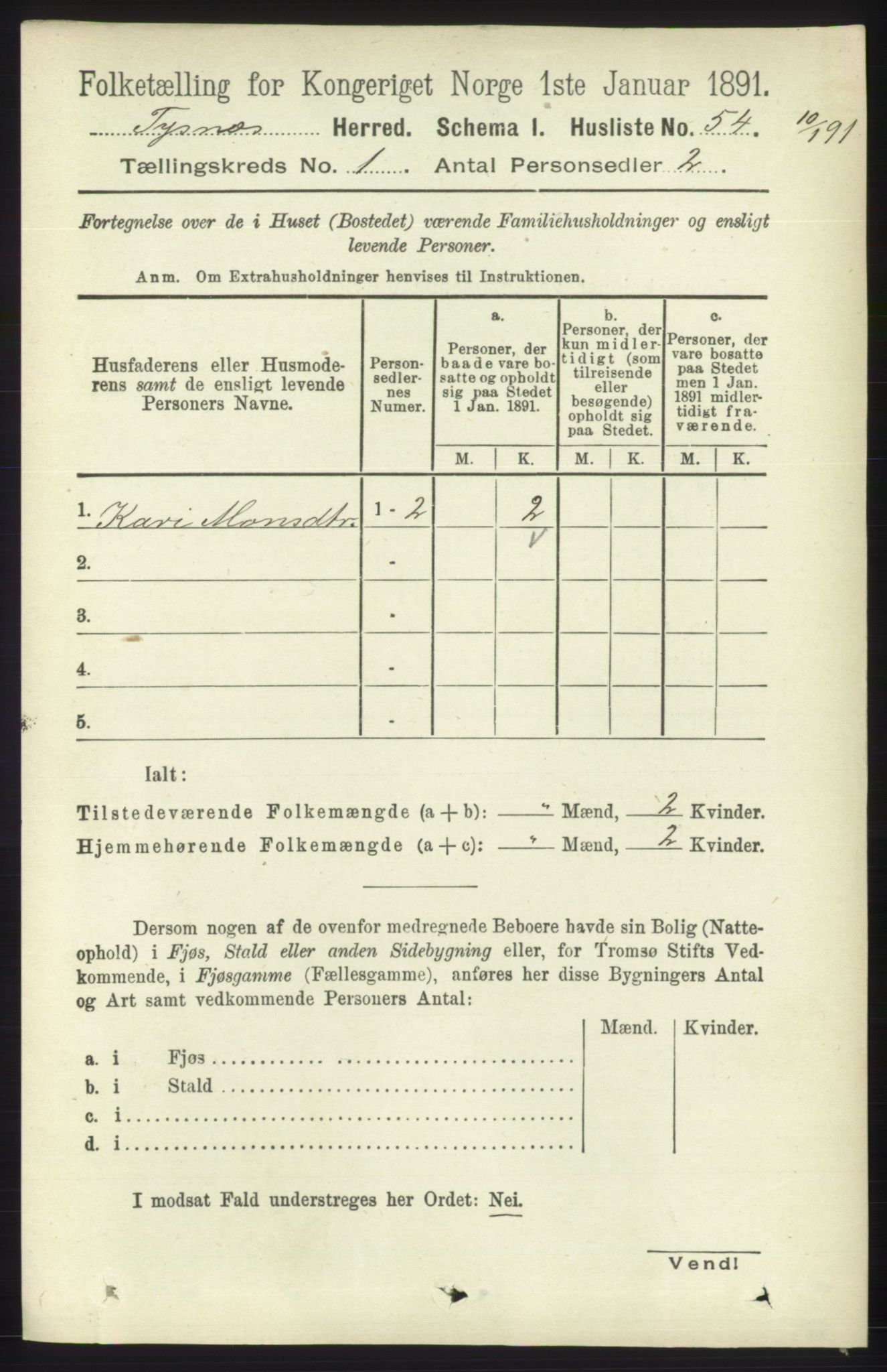 RA, 1891 census for 1223 Tysnes, 1891, p. 86
