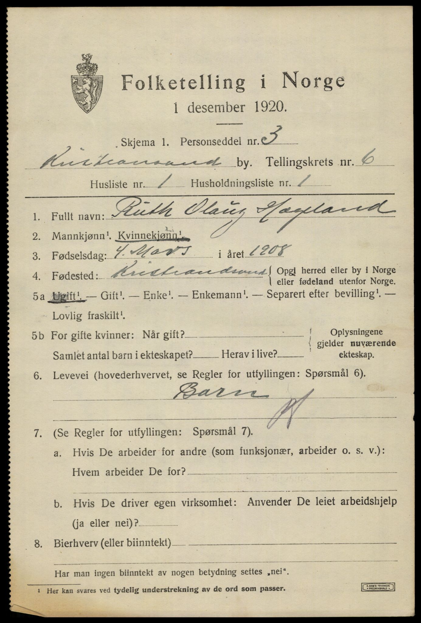 SAK, 1920 census for Kristiansand, 1920, p. 18309