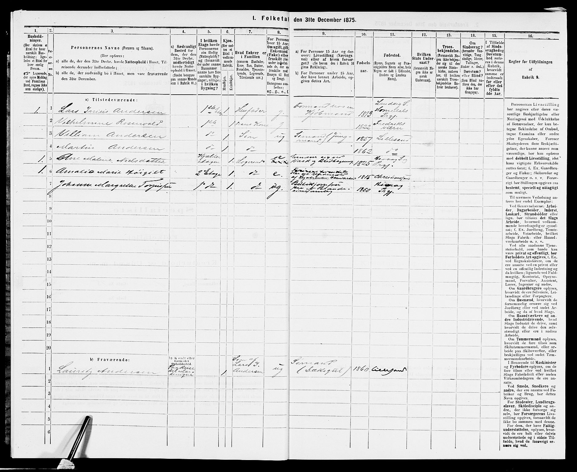 SAK, 1875 census for 0905B Vestre Moland/Lillesand, 1875, p. 271