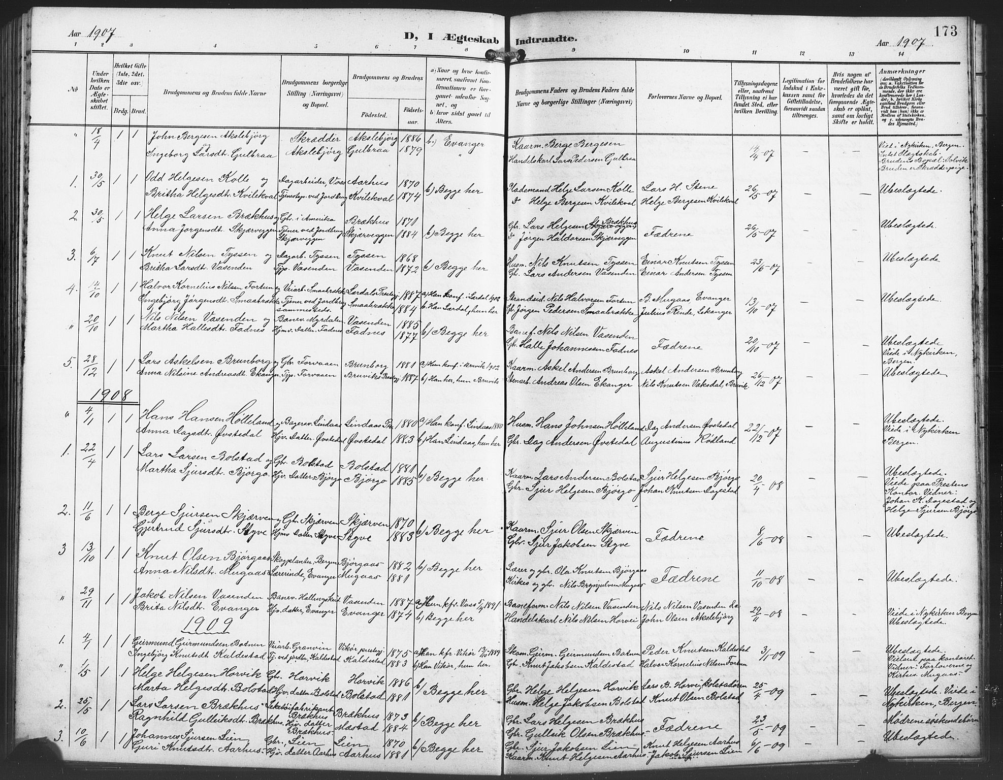 Evanger sokneprestembete, SAB/A-99924: Parish register (copy) no. A 5, 1897-1917, p. 173