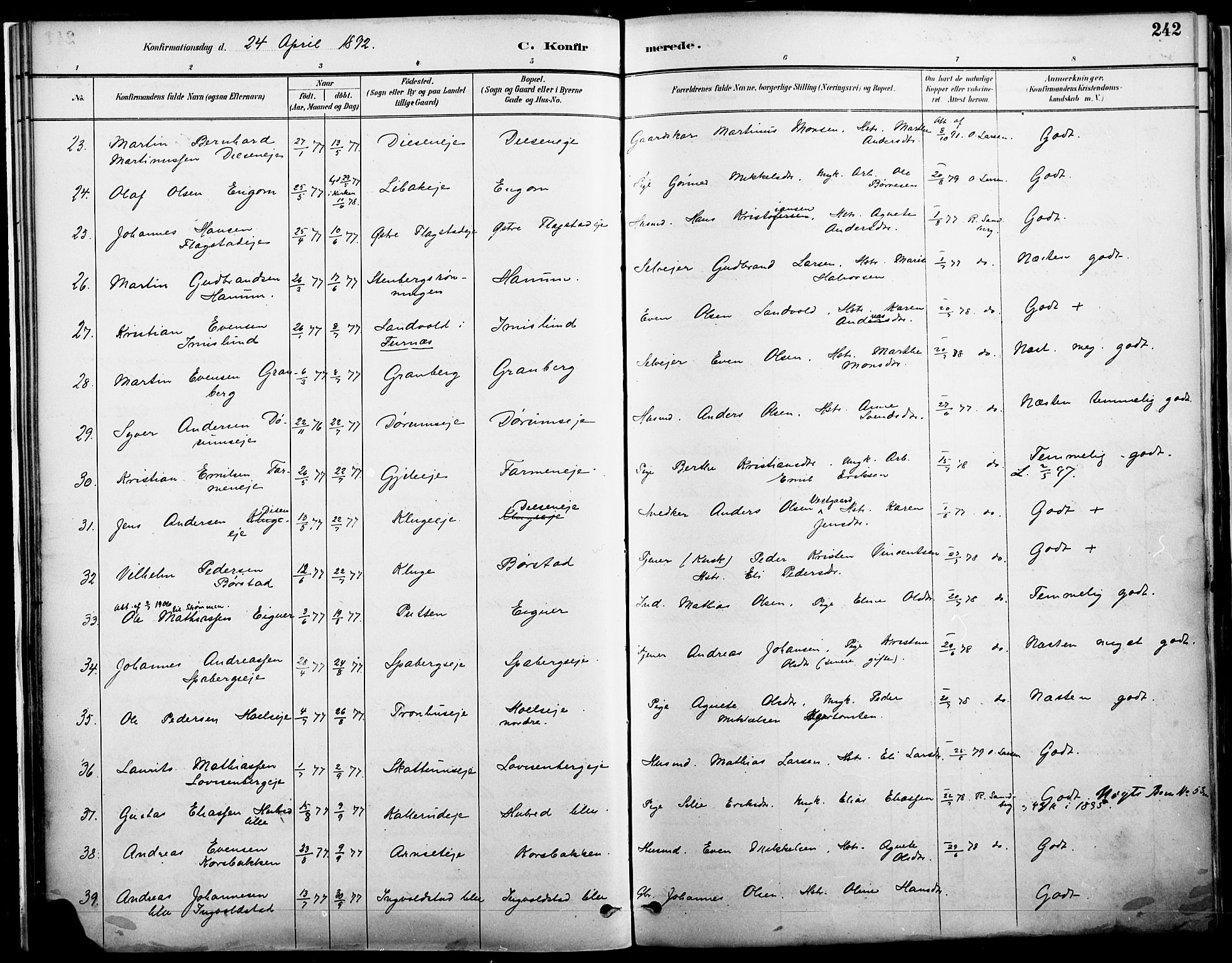 Vang prestekontor, Hedmark, AV/SAH-PREST-008/H/Ha/Haa/L0019A: Parish register (official) no. 19, 1886-1900, p. 242