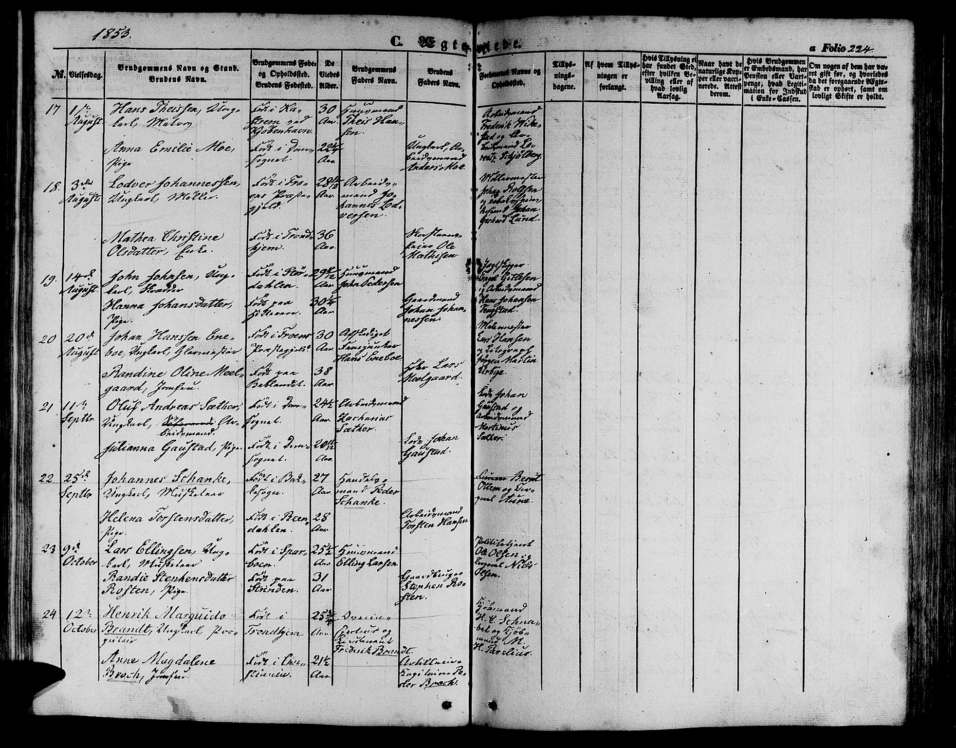 Ministerialprotokoller, klokkerbøker og fødselsregistre - Sør-Trøndelag, SAT/A-1456/602/L0137: Parish register (copy) no. 602C05, 1846-1856, p. 224