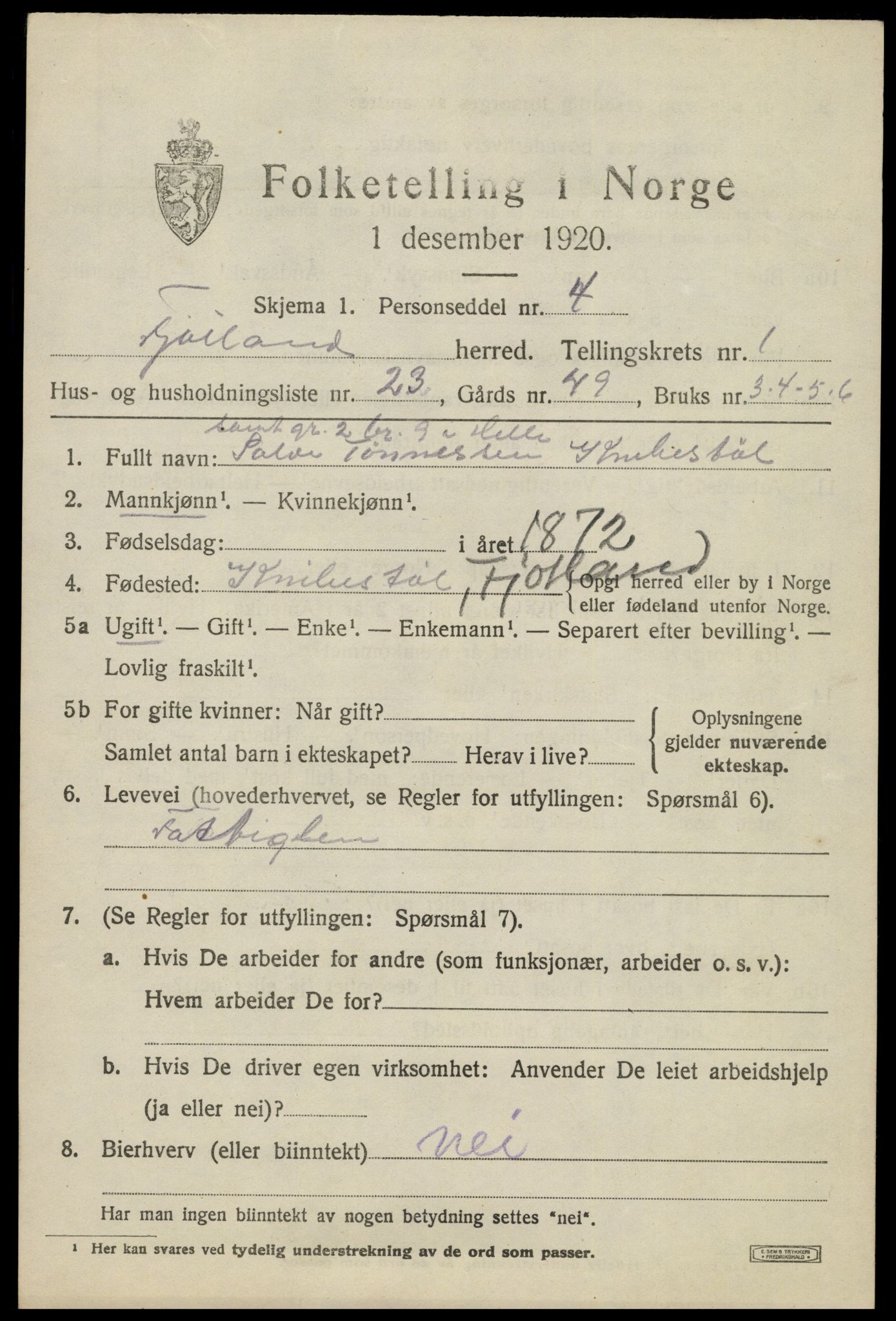 SAK, 1920 census for Fjotland, 1920, p. 682