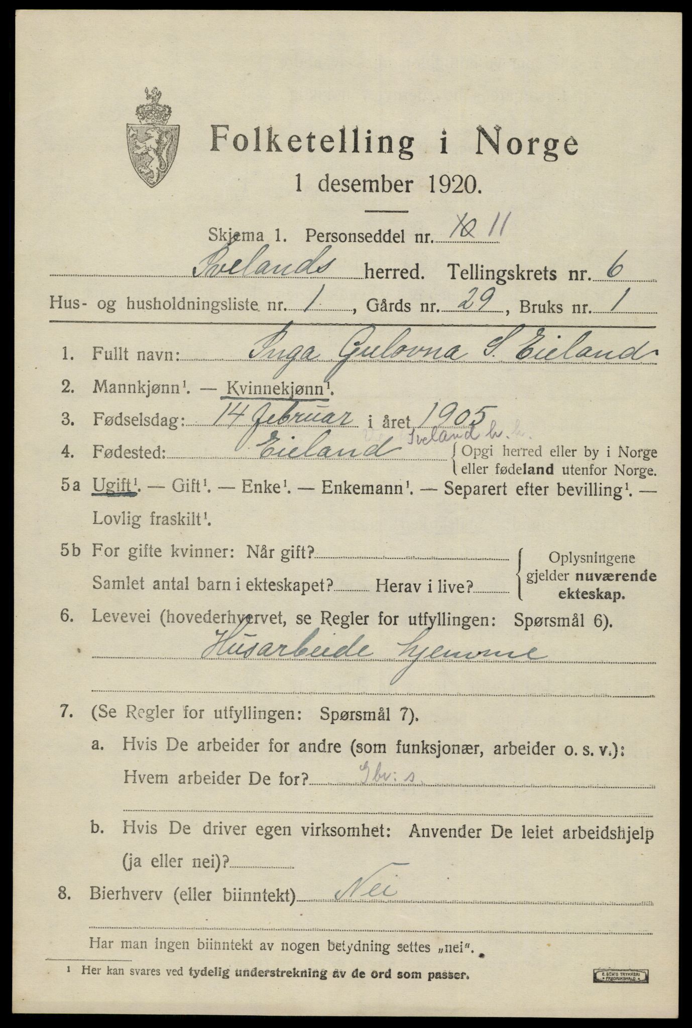 SAK, 1920 census for Iveland, 1920, p. 1947