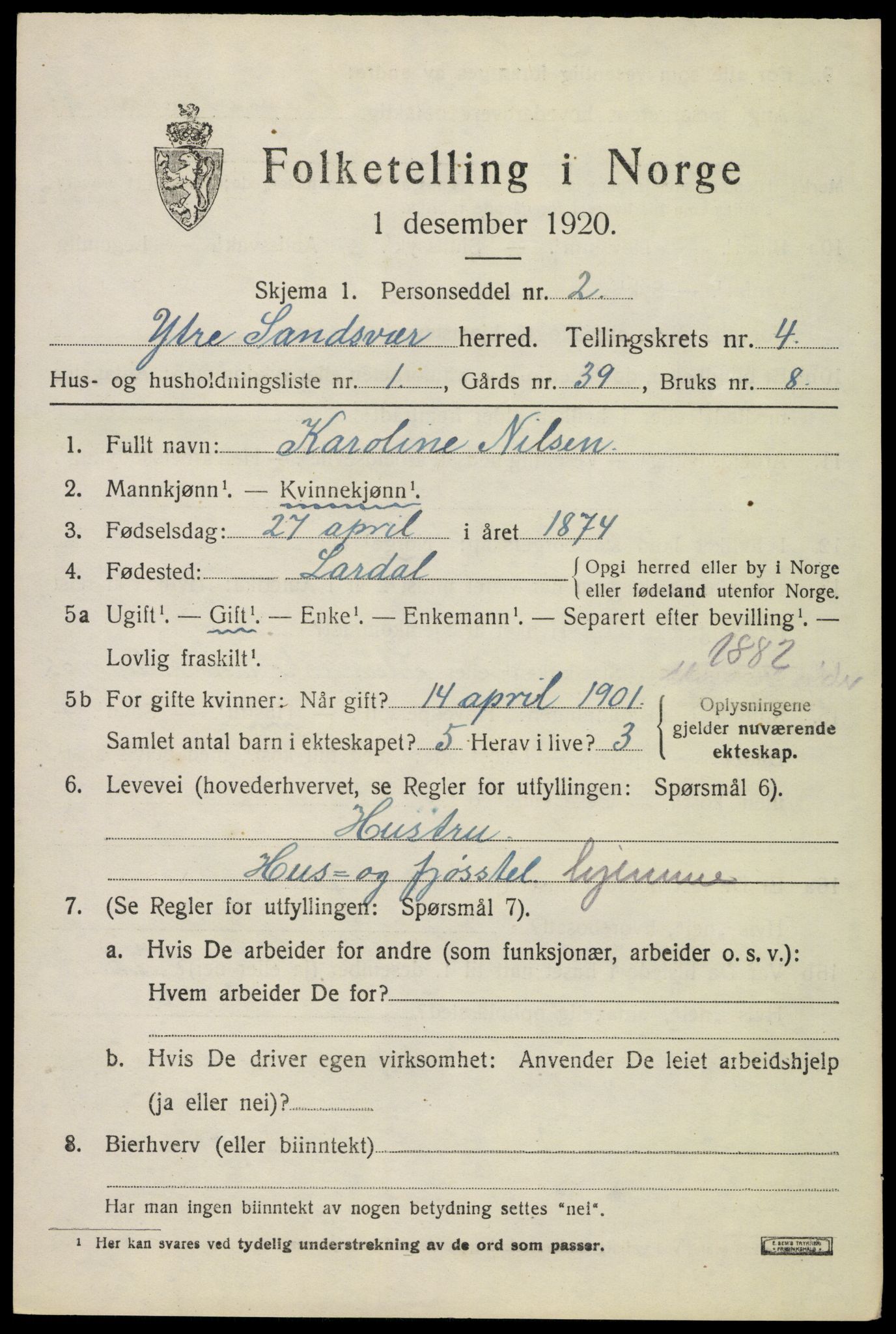 SAKO, 1920 census for Ytre Sandsvær, 1920, p. 4394