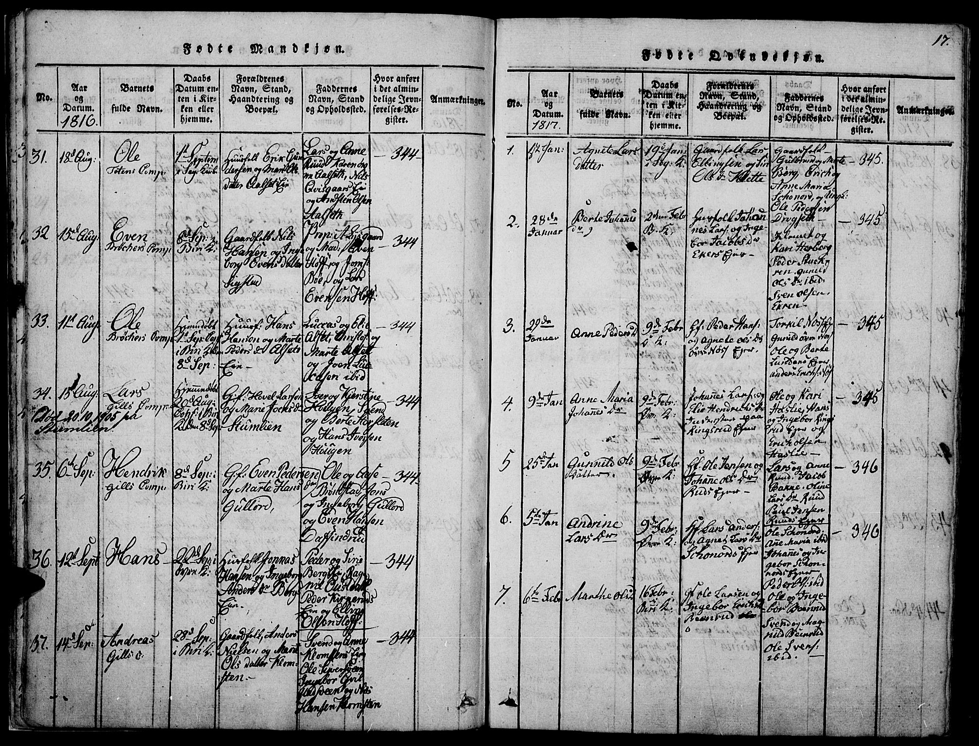 Biri prestekontor, AV/SAH-PREST-096/H/Ha/Haa/L0003: Parish register (official) no. 3, 1814-1828, p. 17