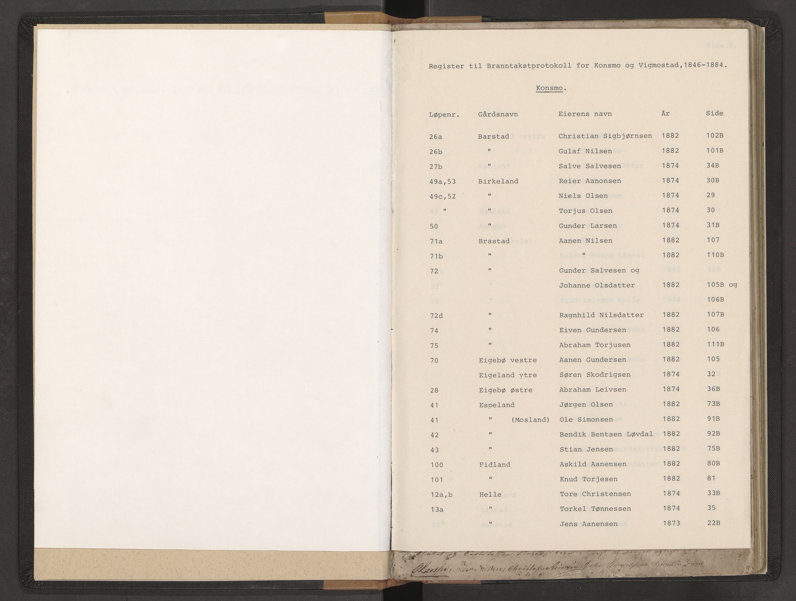 Norges Brannkasse Nord-Audnedal, AV/SAK-2241-0041/F/Fa/L0001: Branntakstprotokoll nr. 1 med gårdsnavnregister, 1846-1884