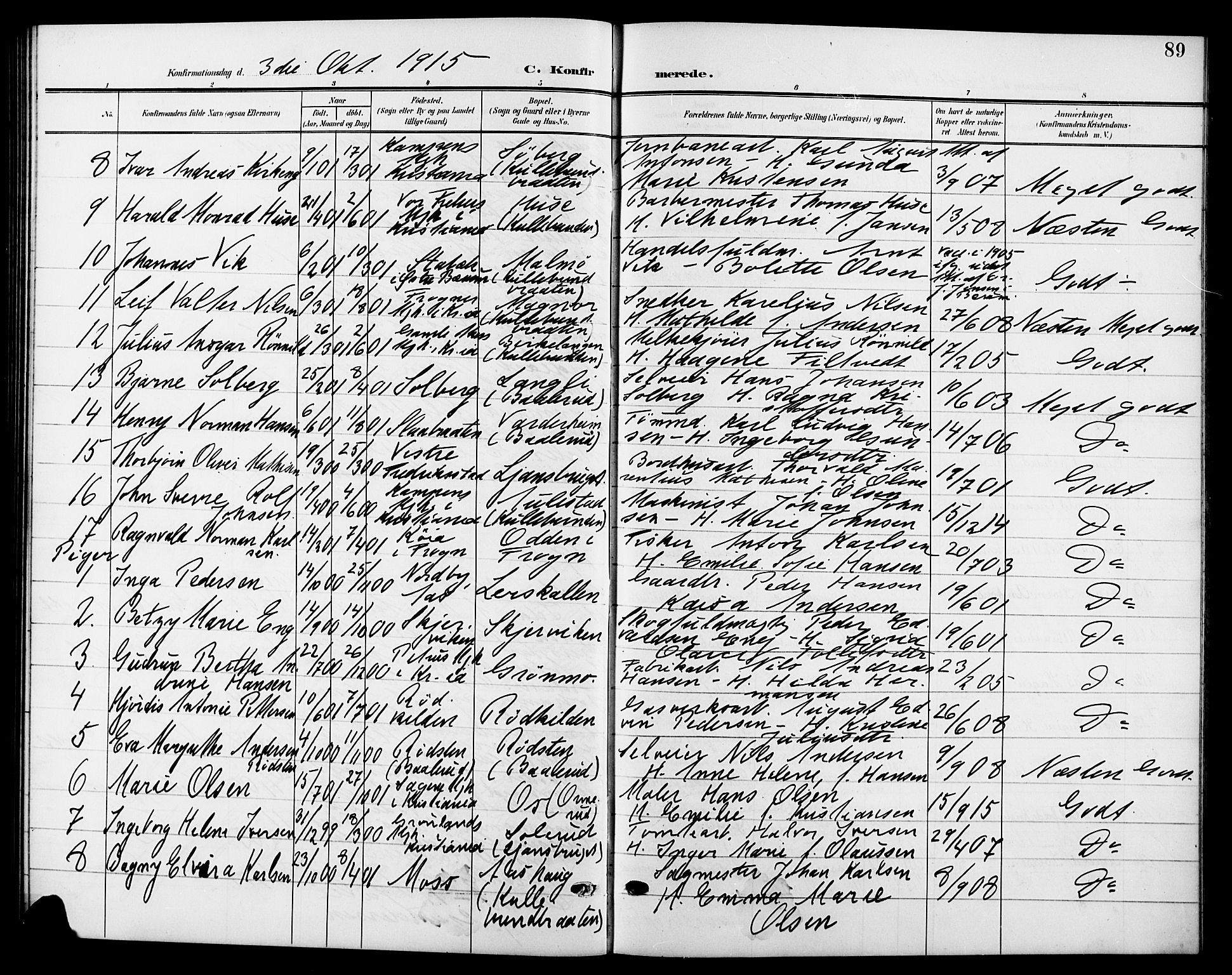 Nesodden prestekontor Kirkebøker, SAO/A-10013/G/Gb/L0001: Parish register (copy) no. II 1, 1905-1924, p. 89