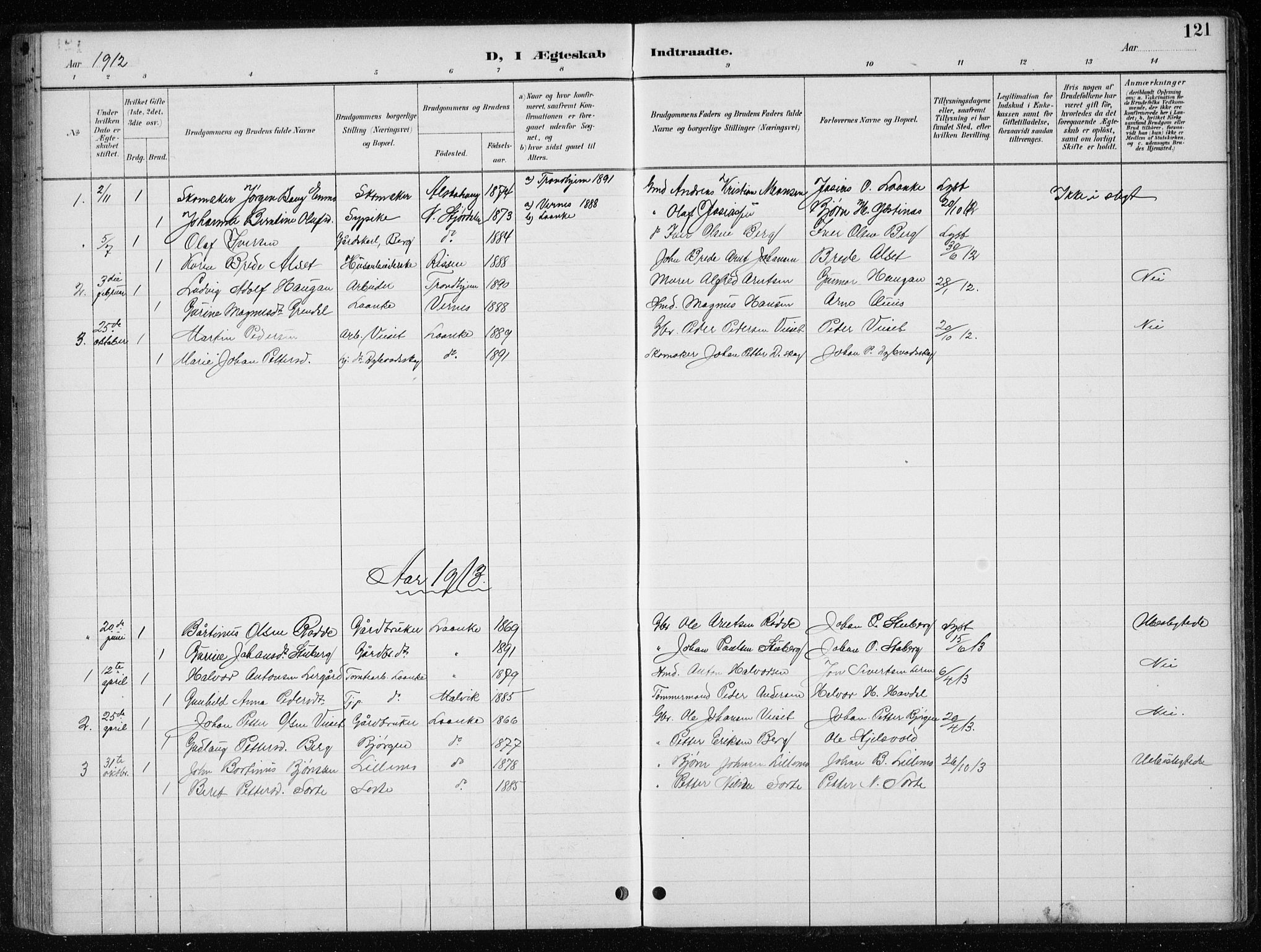 Ministerialprotokoller, klokkerbøker og fødselsregistre - Nord-Trøndelag, SAT/A-1458/710/L0096: Parish register (copy) no. 710C01, 1892-1925, p. 121