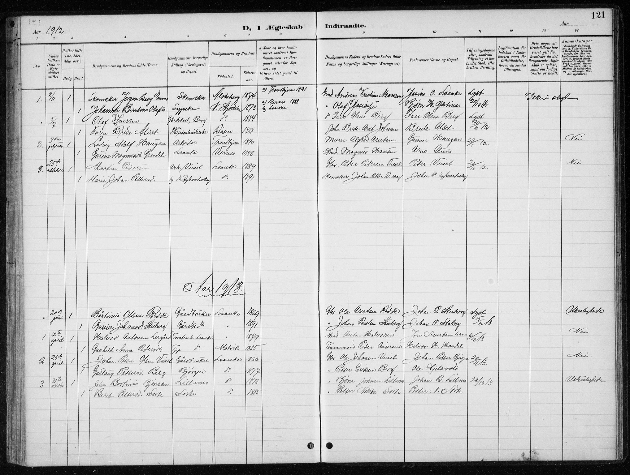 Ministerialprotokoller, klokkerbøker og fødselsregistre - Nord-Trøndelag, AV/SAT-A-1458/710/L0096: Parish register (copy) no. 710C01, 1892-1925, p. 121