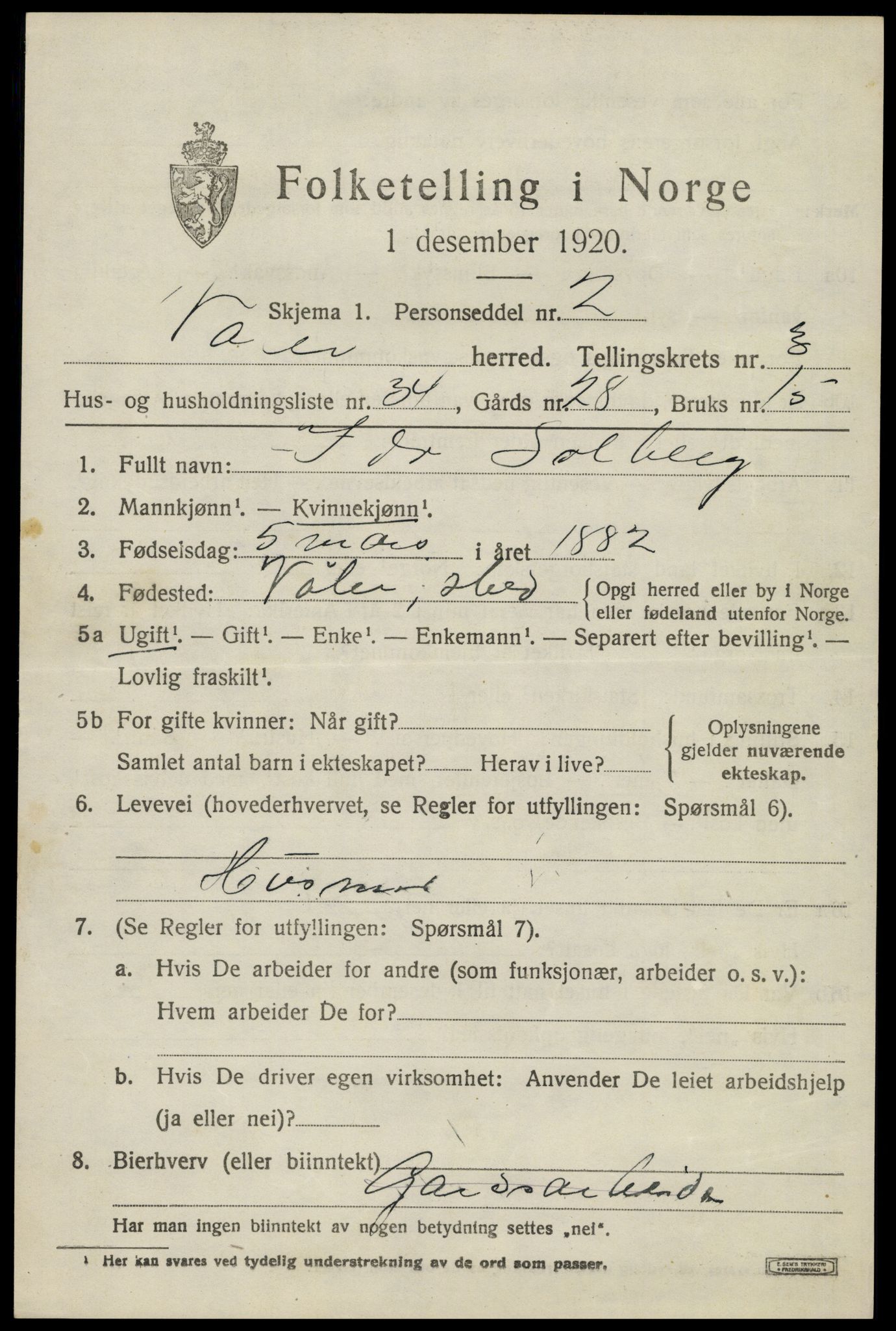 SAH, 1920 census for Våler (Hedmark), 1920, p. 3711