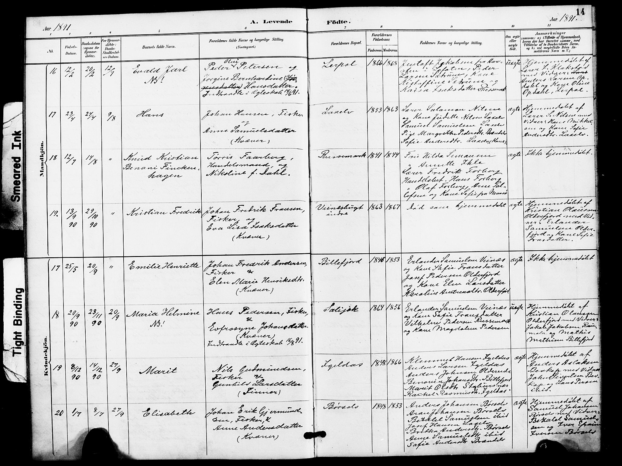 Kistrand/Porsanger sokneprestembete, AV/SATØ-S-1351/H/Ha/L0008.kirke: Parish register (official) no. 8, 1890-1898, p. 14