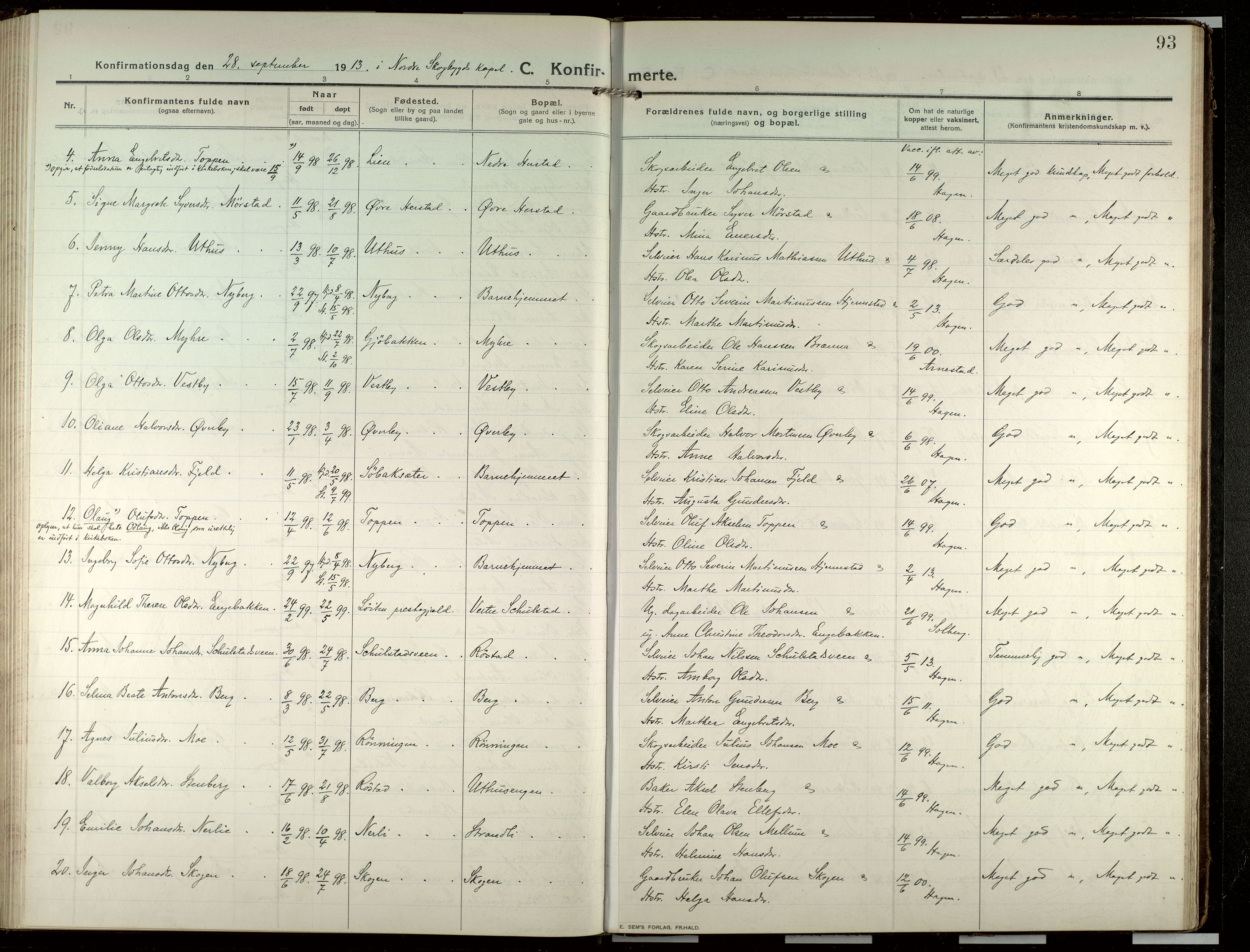 Elverum prestekontor, SAH/PREST-044/H/Ha/Haa/L0022: Parish register (official) no. 22, 1913-1924, p. 93