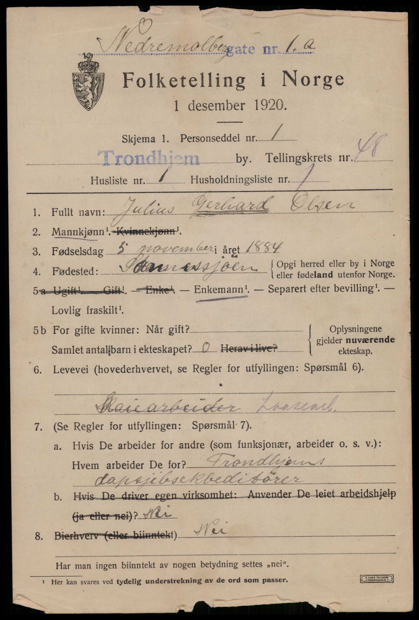 SAT, 1920 census for Trondheim, 1920, p. 100978