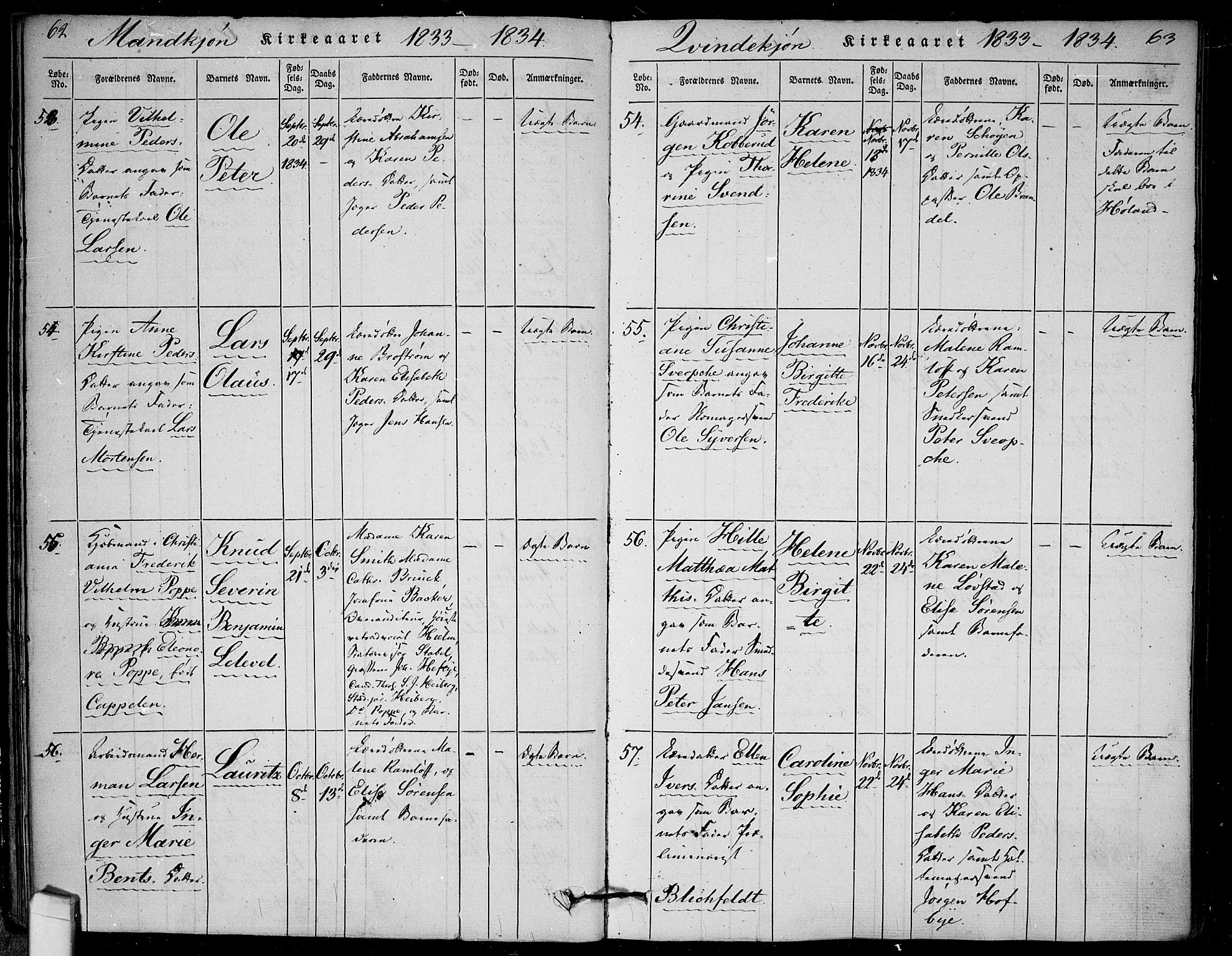 Rikshospitalet prestekontor Kirkebøker, AV/SAO-A-10309b/F/L0002: Parish register (official) no. 2, 1832-1840, p. 62-63