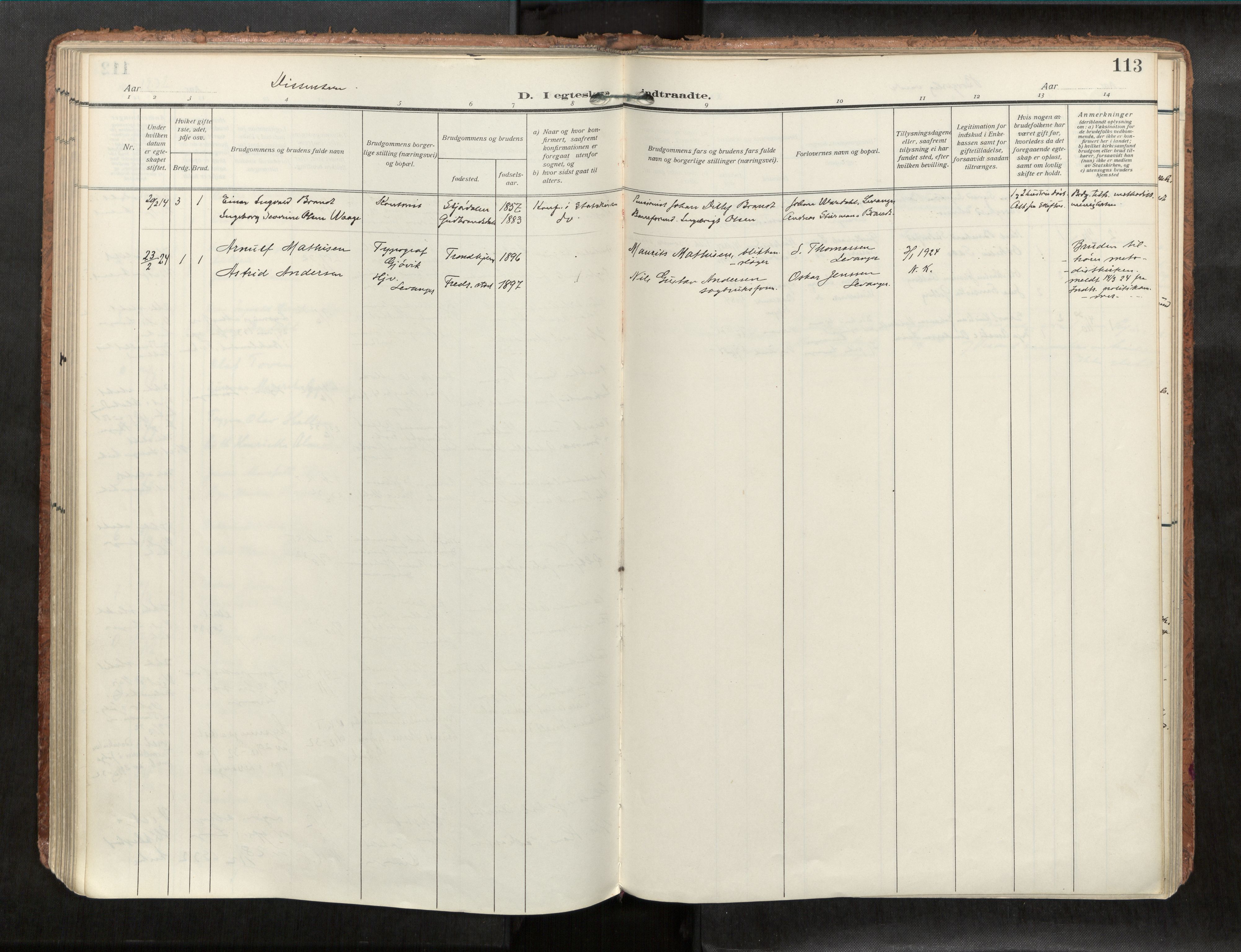 Levanger sokneprestkontor, AV/SAT-A-1301/2/H/Haa/L0001: Parish register (official) no. 1, 1912-1932, p. 113