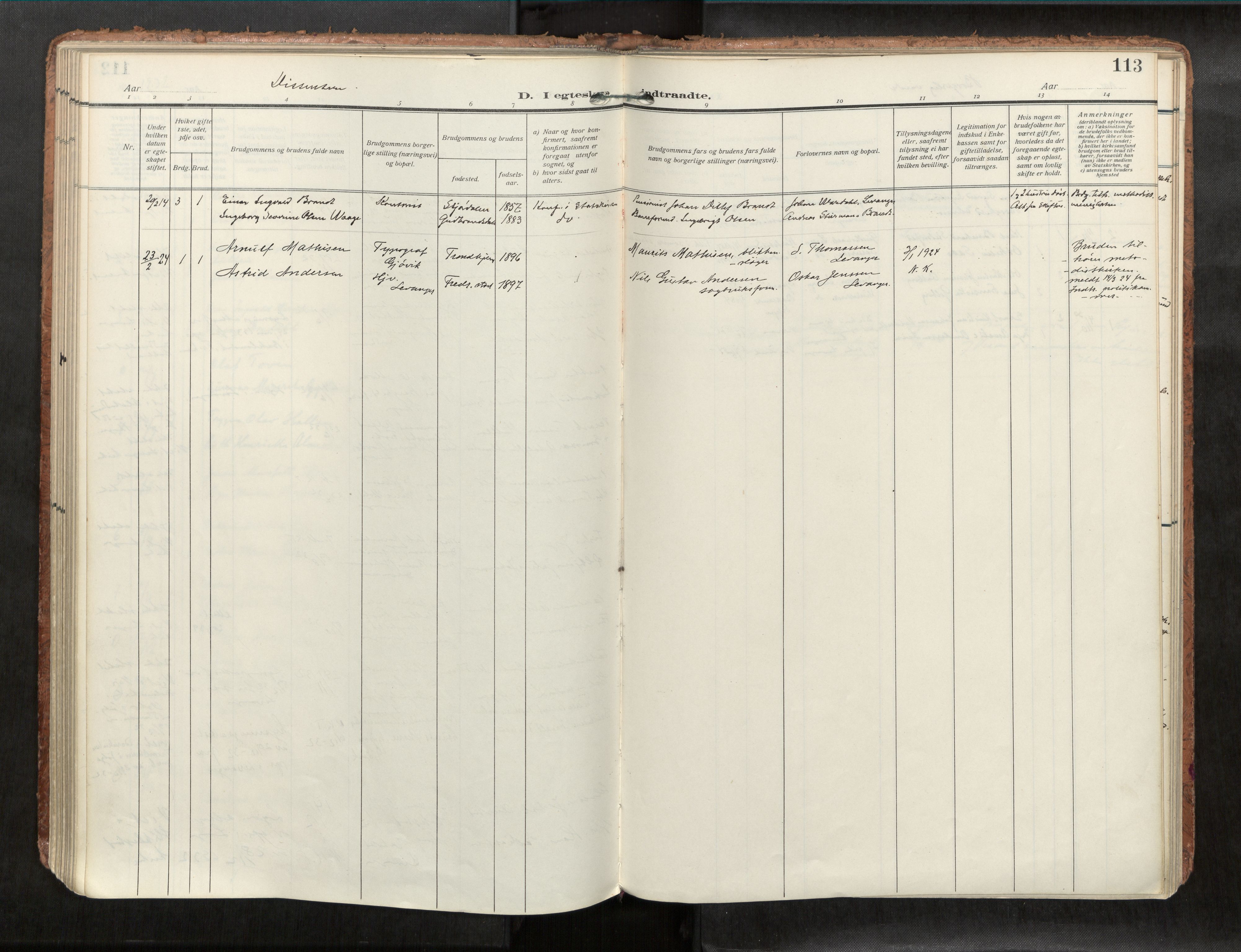 Levanger sokneprestkontor, SAT/A-1301/2/H/Haa/L0001: Parish register (official) no. 1, 1912-1932, p. 113