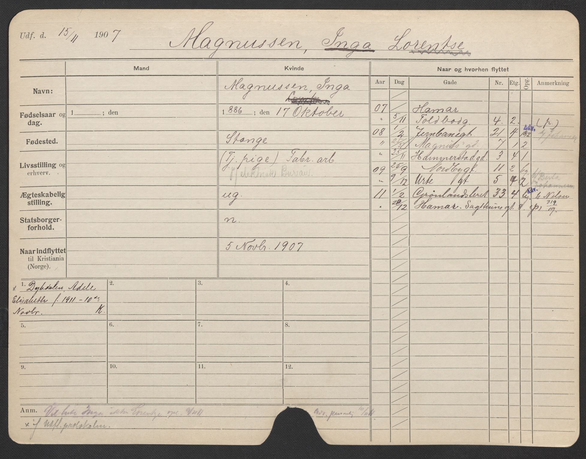 Oslo folkeregister, Registerkort, AV/SAO-A-11715/F/Fa/Fac/L0020: Kvinner, 1906-1914, p. 523a