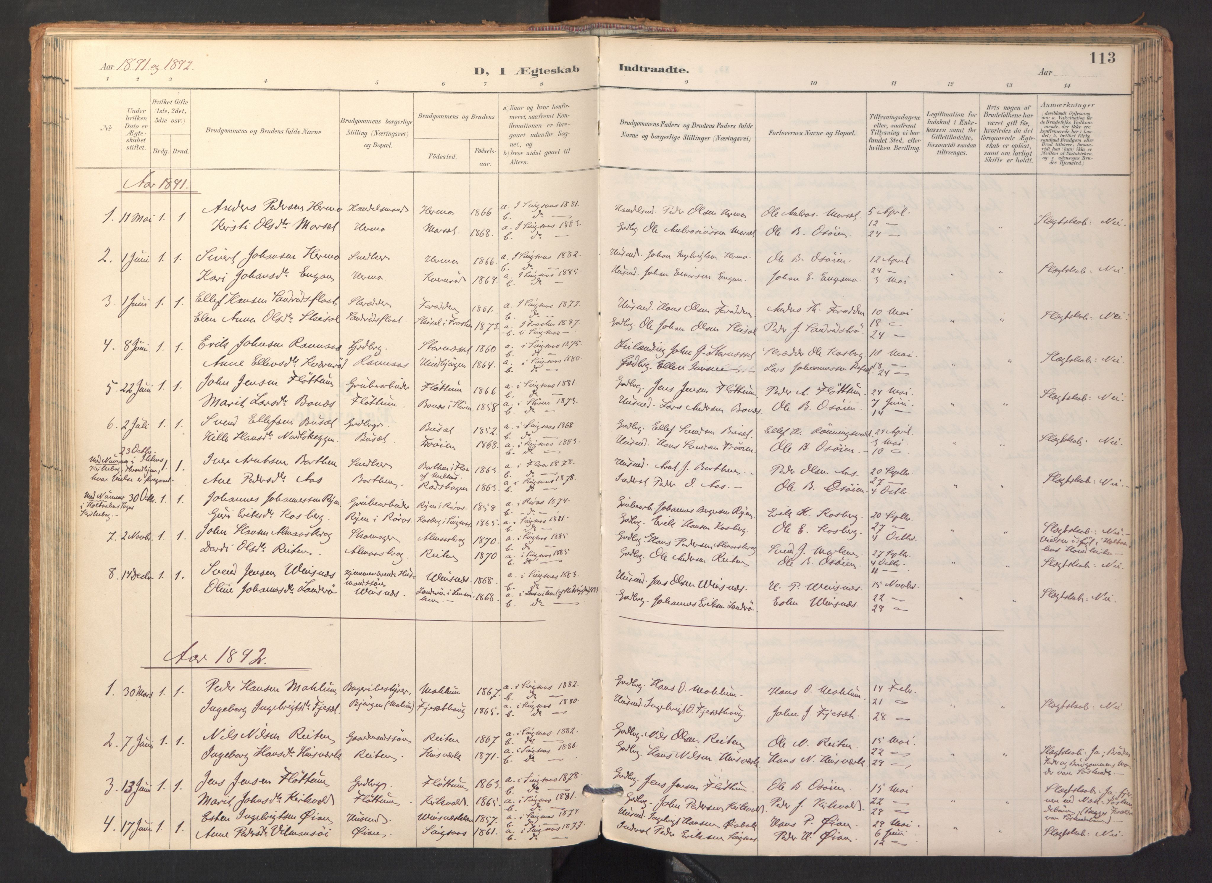 Ministerialprotokoller, klokkerbøker og fødselsregistre - Sør-Trøndelag, SAT/A-1456/688/L1025: Parish register (official) no. 688A02, 1891-1909, p. 113