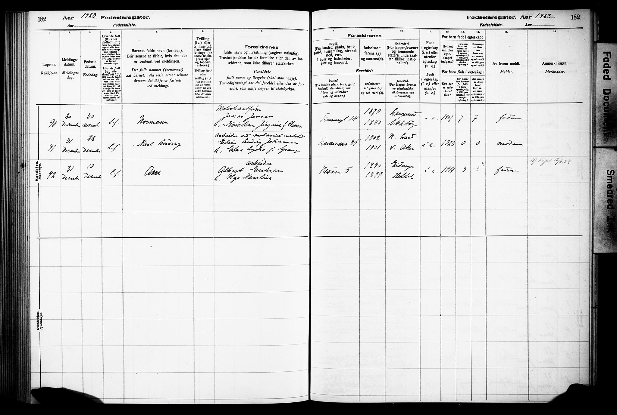 Notodden kirkebøker, SAKO/A-290/J/Ja/L0001: Birth register no. 1, 1916-1924, p. 182