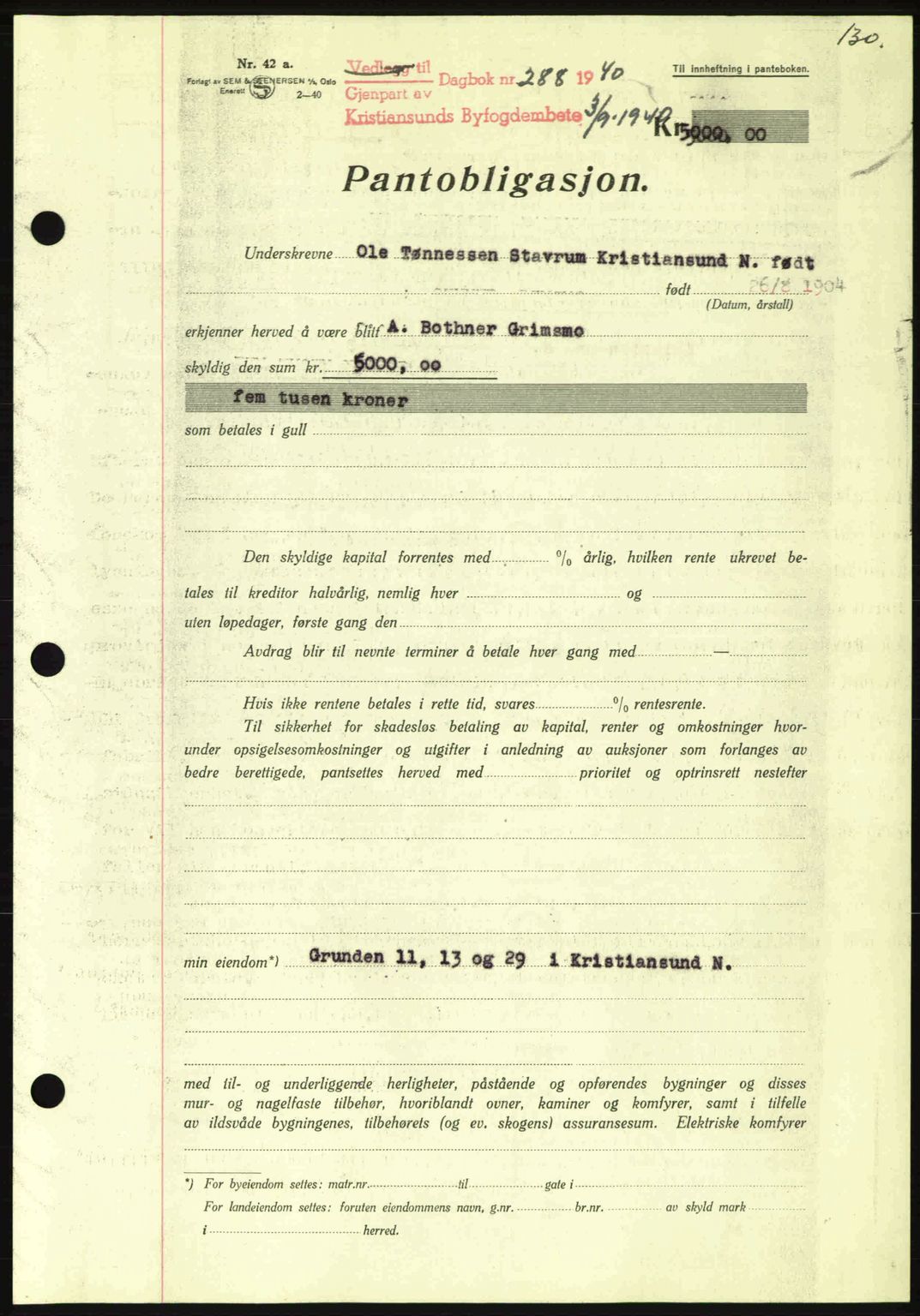 Kristiansund byfogd, AV/SAT-A-4587/A/27: Mortgage book no. 33, 1939-1941, Diary no: : 288/1940