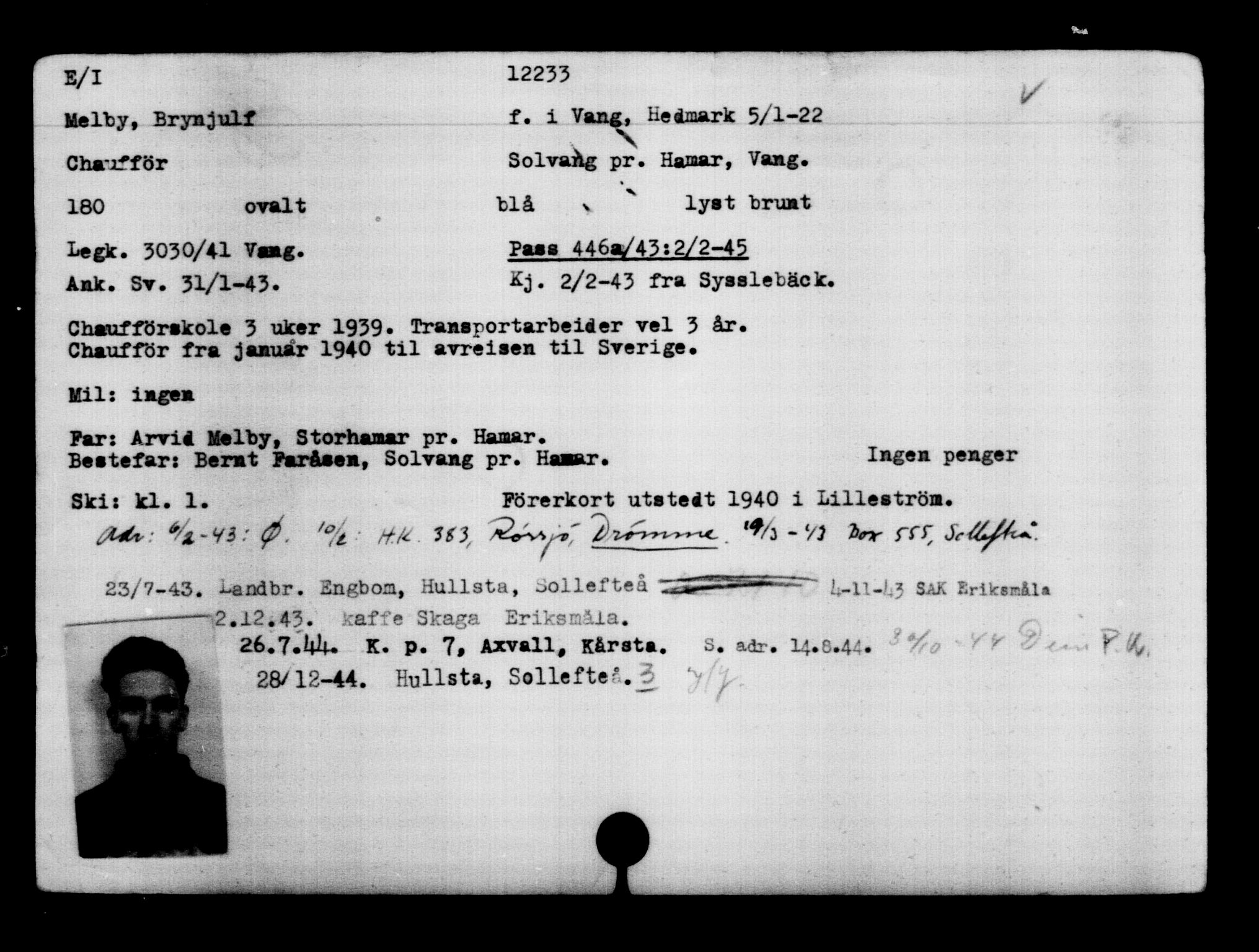 Utenriksstasjonene, Legasjonen i Stockholm, Flyktningkontoret, AV/RA-S-6753/V/Va/L0006: Kjesäterkartoteket, flyktninger med registreringsnr. 9400-12711, 1940-1945, p. 3232