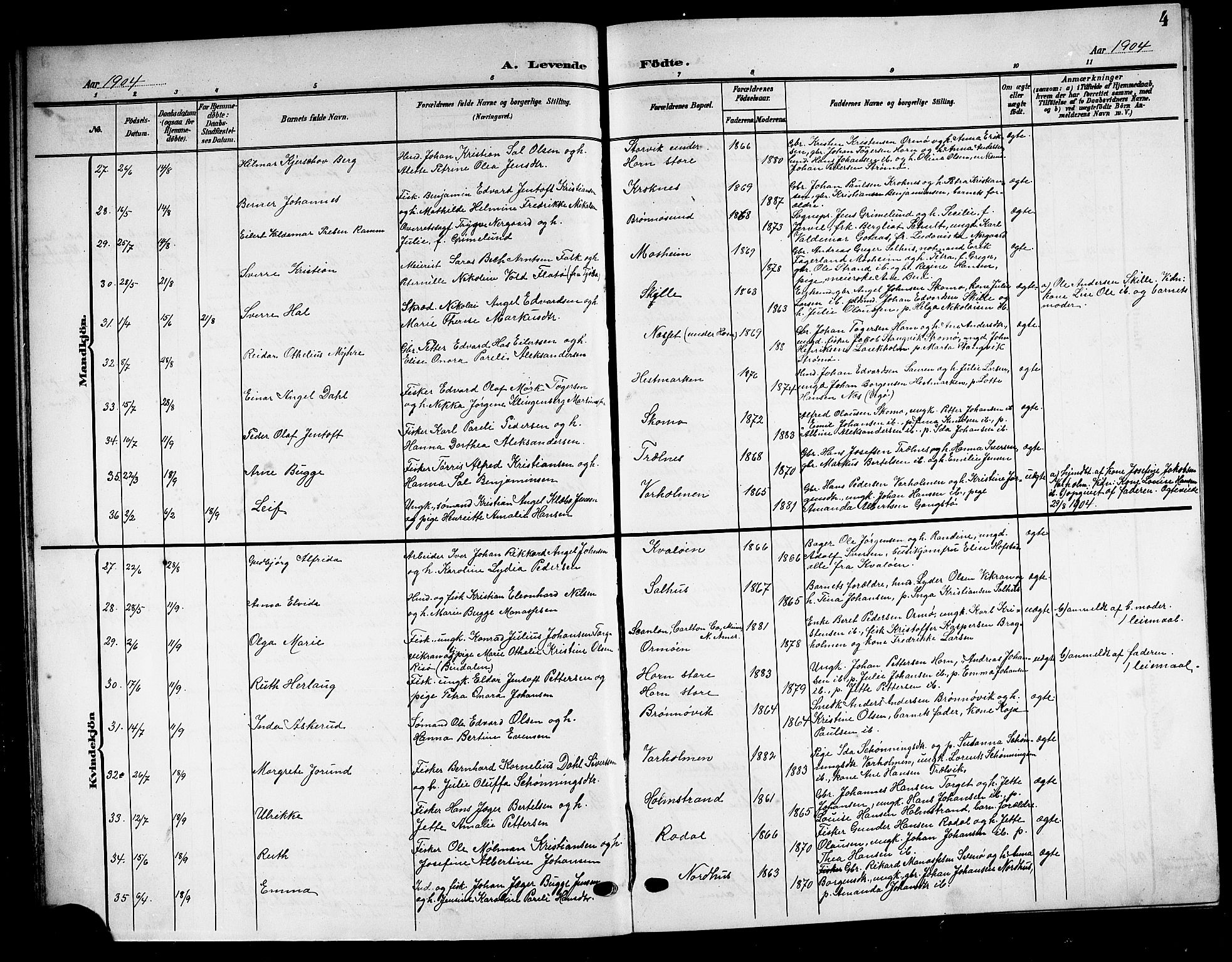 Ministerialprotokoller, klokkerbøker og fødselsregistre - Nordland, SAT/A-1459/813/L0214: Parish register (copy) no. 813C06, 1904-1917, p. 4