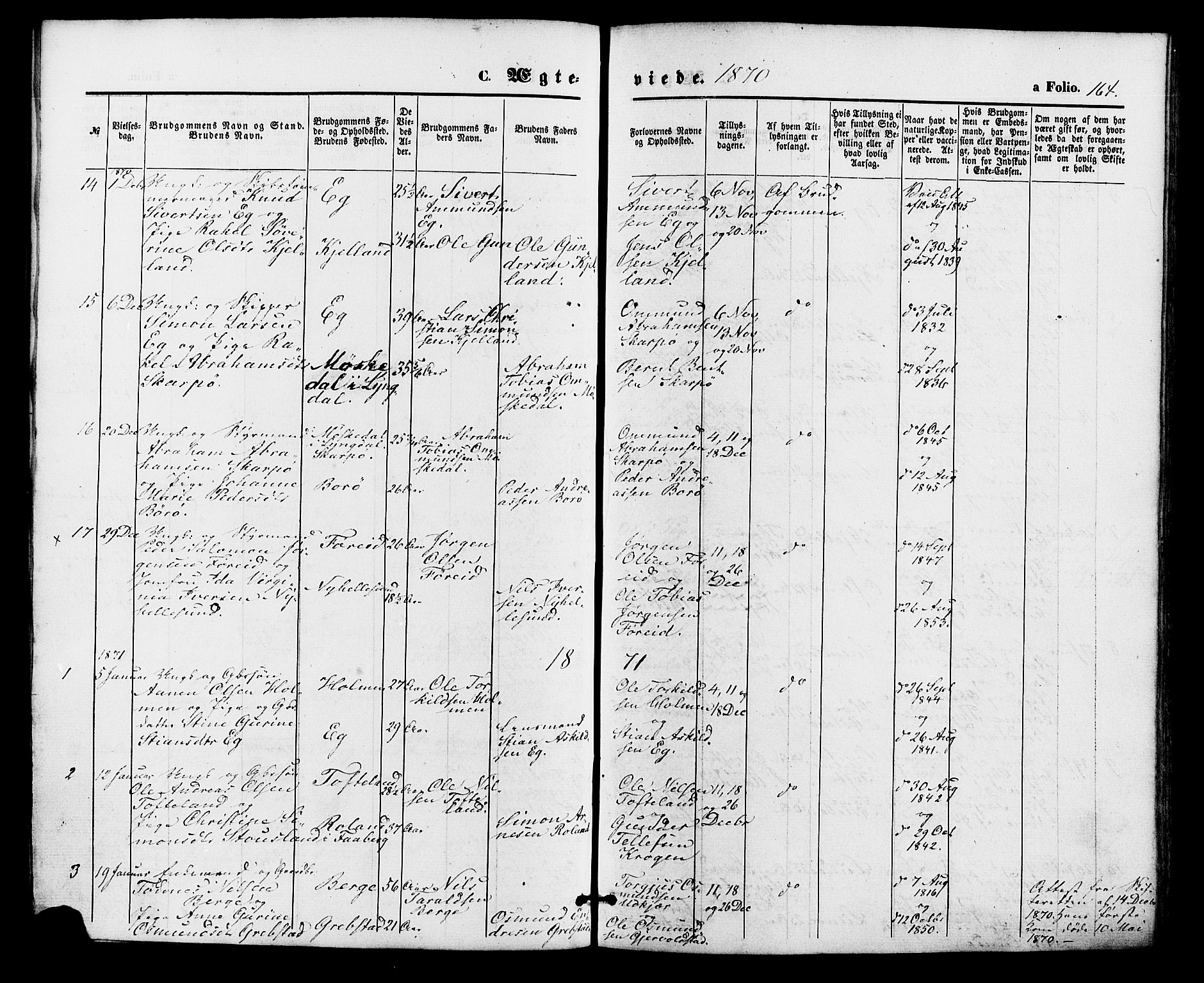 Søgne sokneprestkontor, SAK/1111-0037/F/Fa/Fab/L0011: Parish register (official) no. A 11, 1869-1879, p. 164