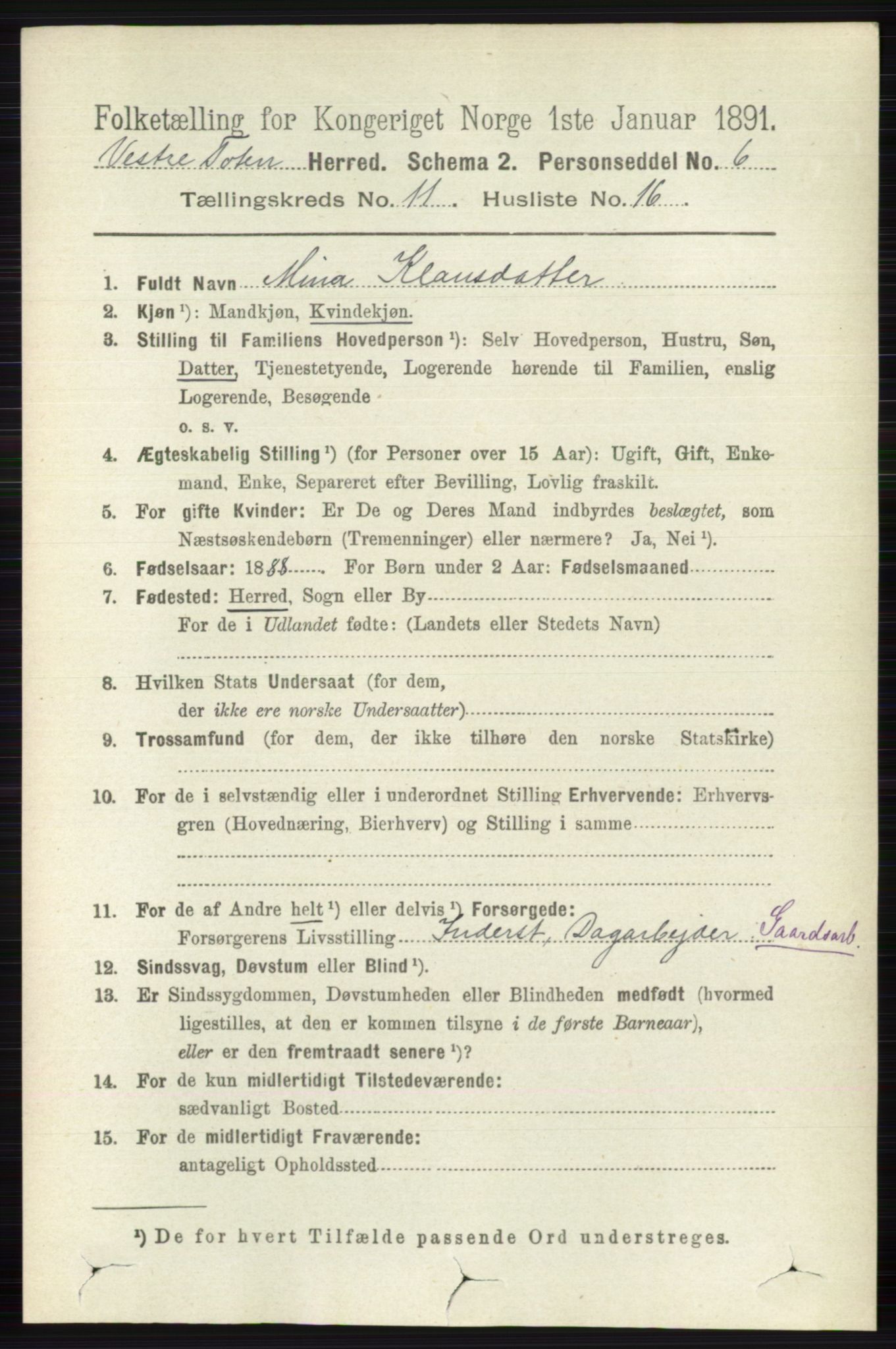 RA, 1891 census for 0529 Vestre Toten, 1891, p. 6799