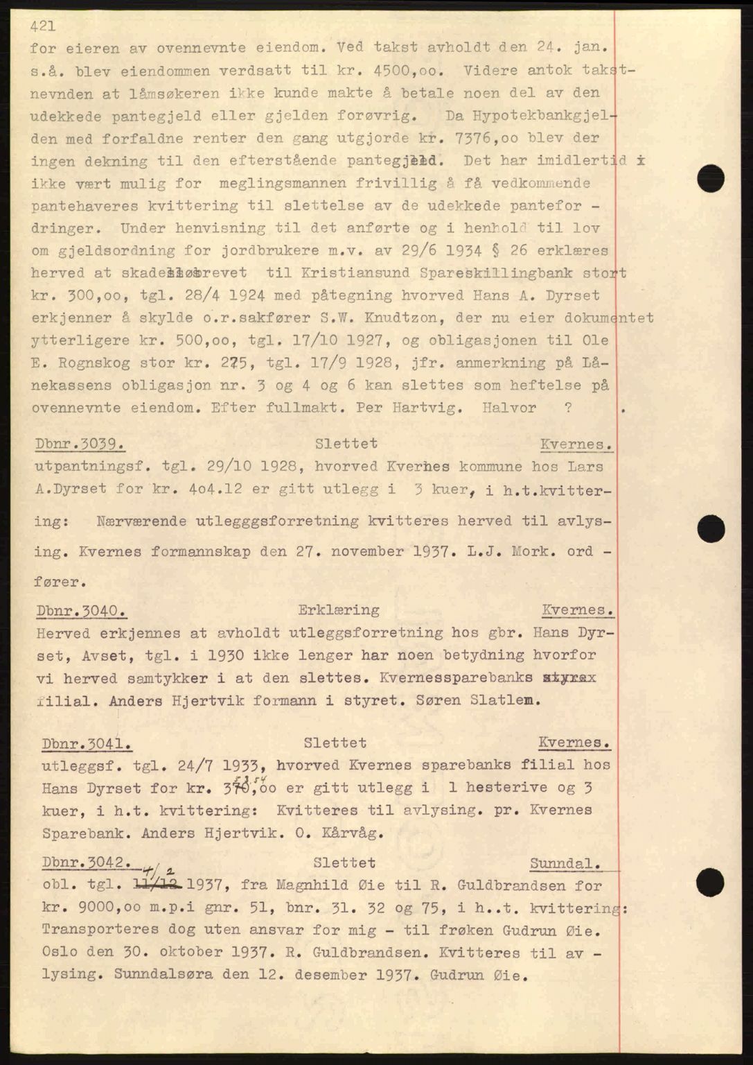 Nordmøre sorenskriveri, AV/SAT-A-4132/1/2/2Ca: Mortgage book no. C80, 1936-1939, Diary no: : 3039/1937