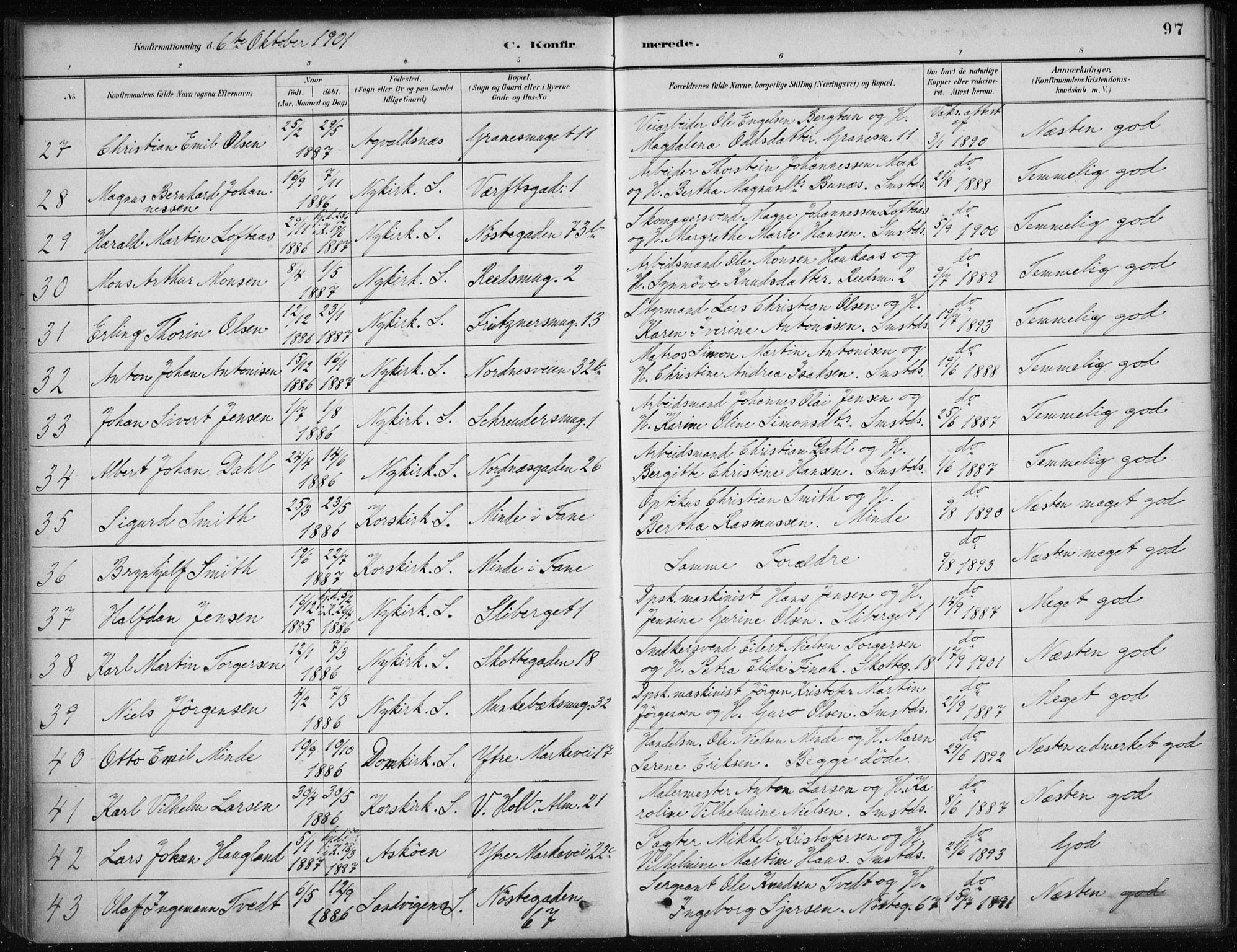 Nykirken Sokneprestembete, SAB/A-77101/H/Haa/L0027: Parish register (official) no. C 6, 1886-1913, p. 97